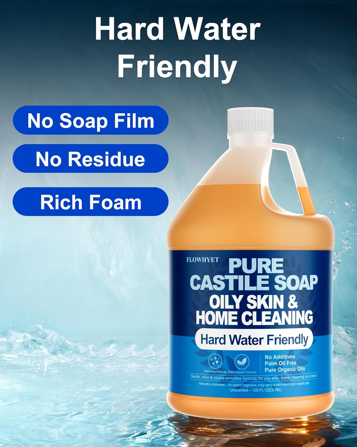 FLOWHYET 1 Gallon Pure Castile Soap Liquid, Organic Hand Soap Refill, Natural For Hand, Body Wash, Dishes, Home Cleaning Oily Skin, Fragrance Free Vegan Hard Water Friendly - Unscented 1 Gallon - Image 3