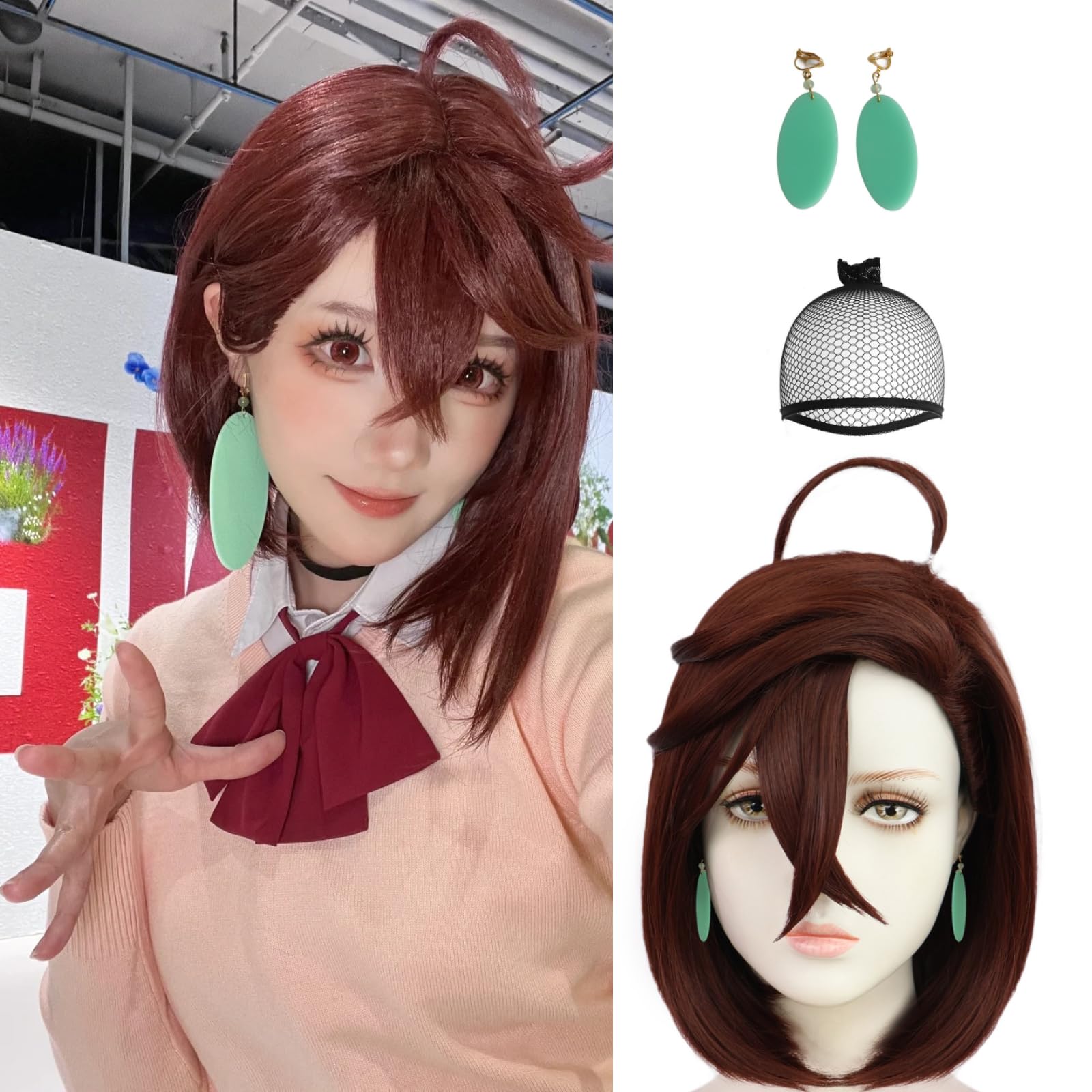 JoneTing Red Brown Bob Wig 【+Hair Cap + Ear Clips】 Medium Length Brown Bob Wigs for Women Wavy Brown Cosplay Wig and Accessories for Halloween