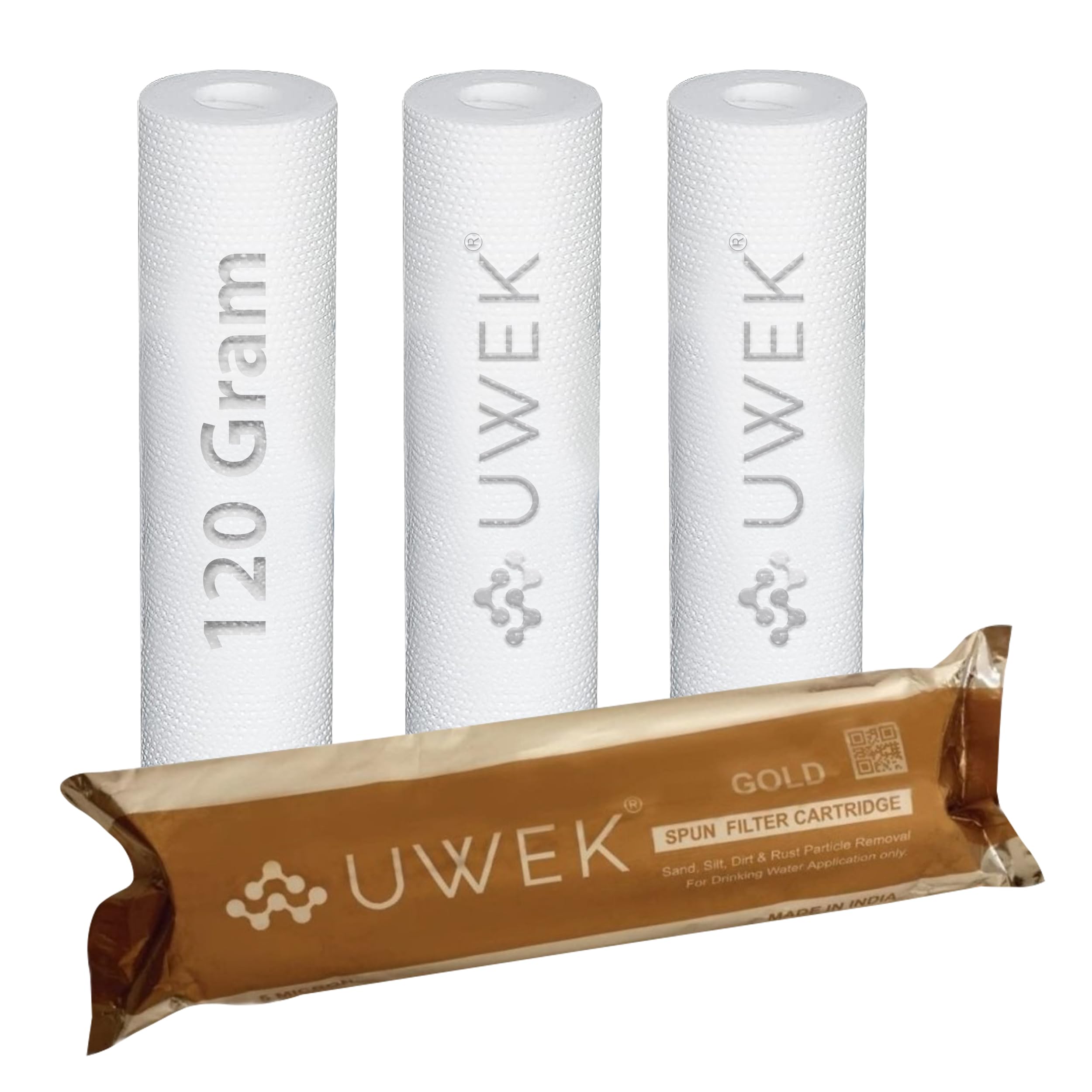 UWEK Gold High Density Spun Filter for Water Purifier, Water Filter Cartridge 10 inch 5 Micron, RO Pre Filter Cartridge 120 gm, Sediment Filter Candle Suitable for Pre-Filter Housing (Pack of 4)