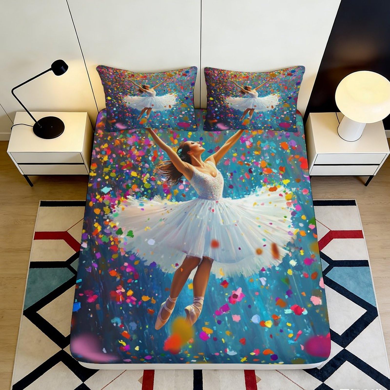 Pnayamiorkfel Style-4 3D Printed Ballet Dancer Fitted Sheet Microfiber Soft Colorful Confetti Bed Cover For Bedroom Guest Room Dorm Protection Decor 90X200x25cm