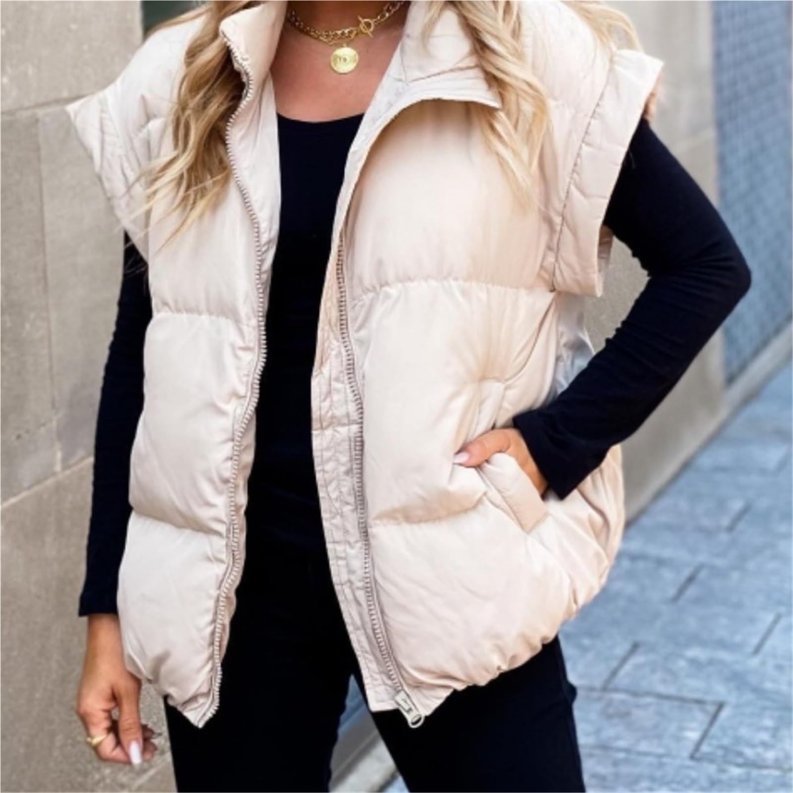 Chaleco Acolchado Corto para Mujer, Abrigo Acolchado Ligero Sin Mangas con Cremallera para Invierno