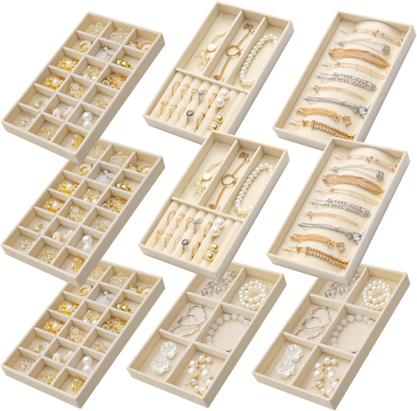 Jewelry Trays Organizer for Drawer, 9 Set of Small Jewelry Display Case Storage Velvet Stackable Drawer Inserts Organizer for Necklaces Bracelets Earrings Rings (Beige)