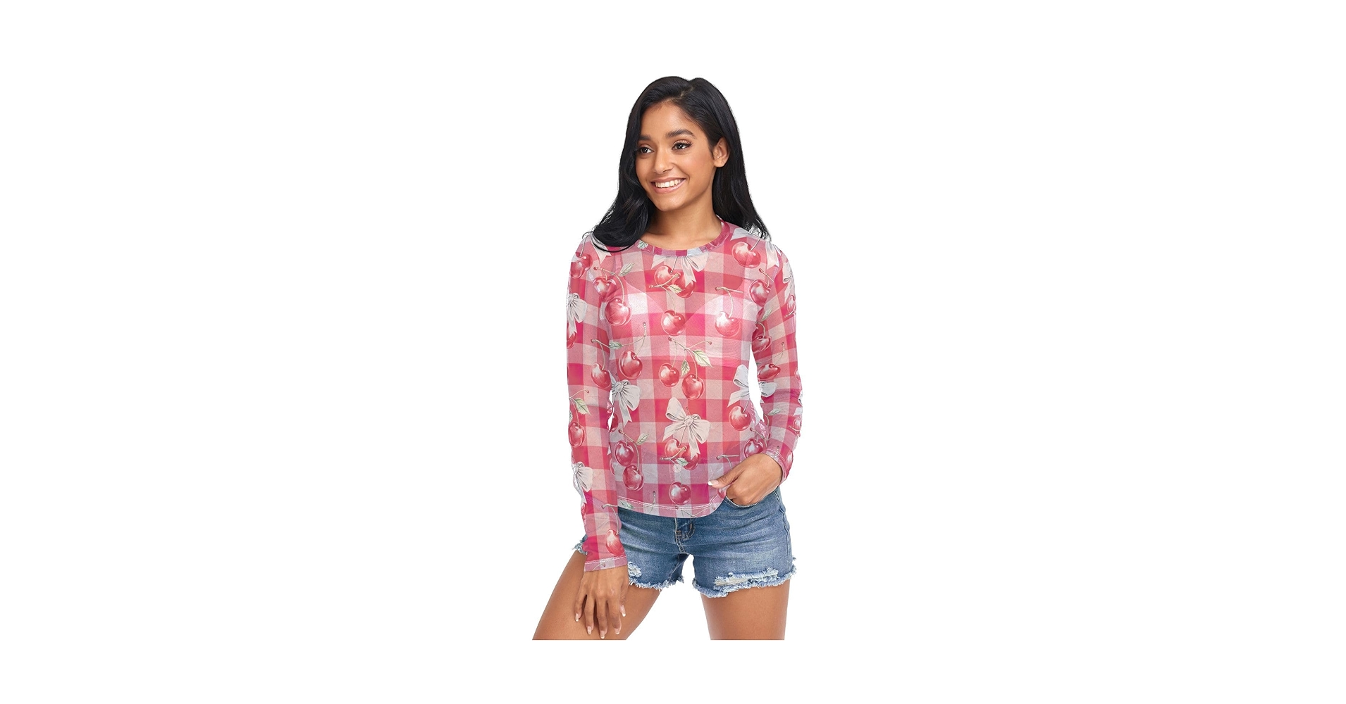 Women's Long Sleeve Mesh Top Red Cherry White Bow Checkered