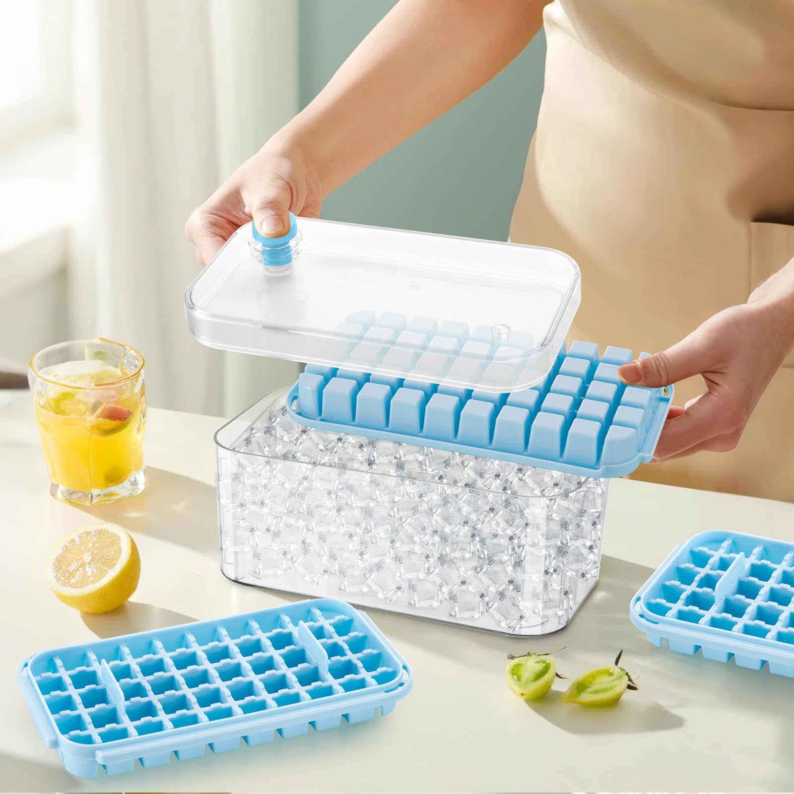 Eiswürfelform,150 Stück Eiswürfel, Eiswürfelbehälter mit Deckel und Behälter, einfaches Drücken, um das Eis zu lösen, Kühlen von Kaffee, Cocktail, Whiskey,3 Schalen, 1 Eiskübel und Schaufel （Blau）
