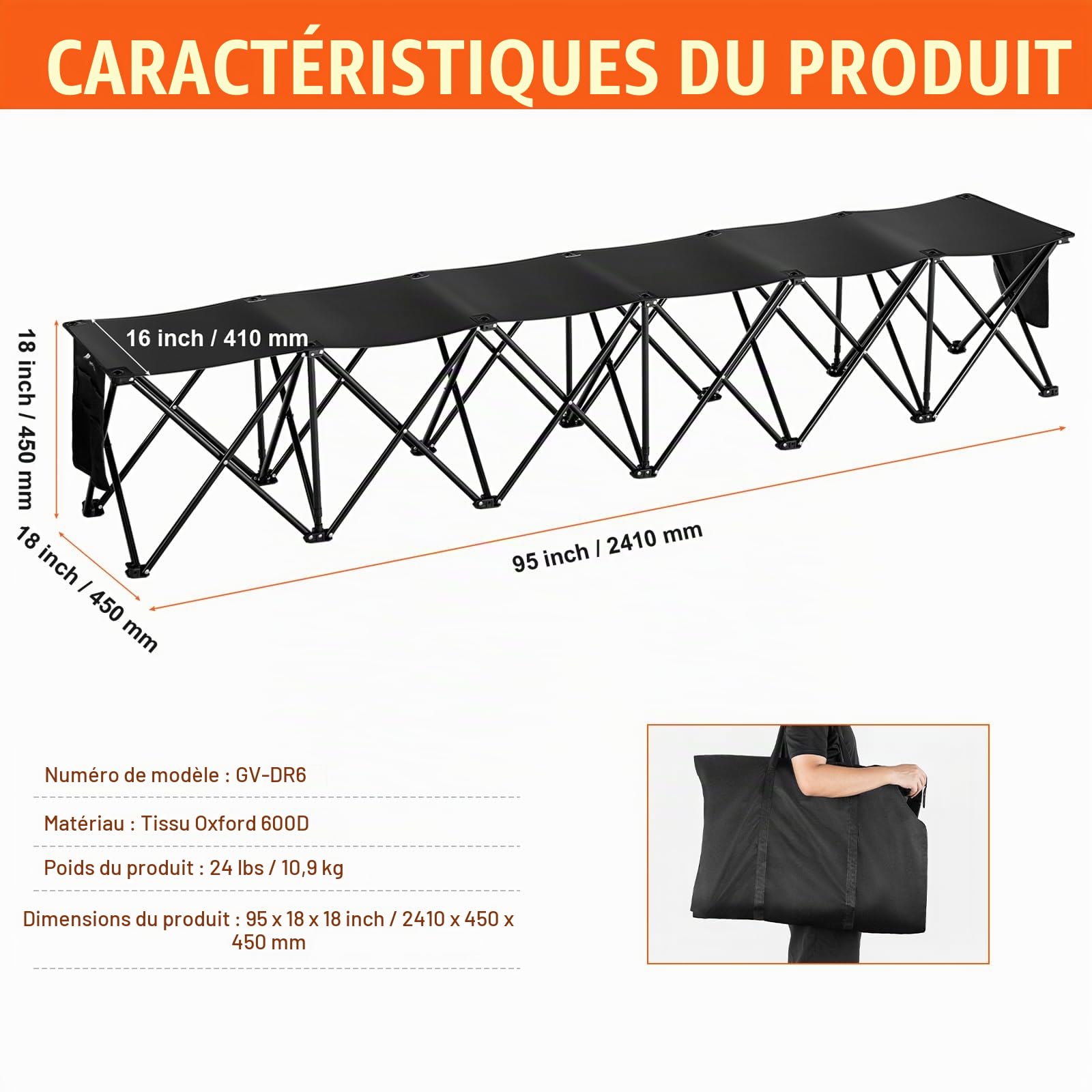 VEVOR Banc Pliant Portable à 6 Places, Banc de Camping Pliable en Plein air avec Sac de Transport, Banc latéral de Sport d'équipe pour Football, Camping, pêche, siège instantané sans Assemblage, Noir