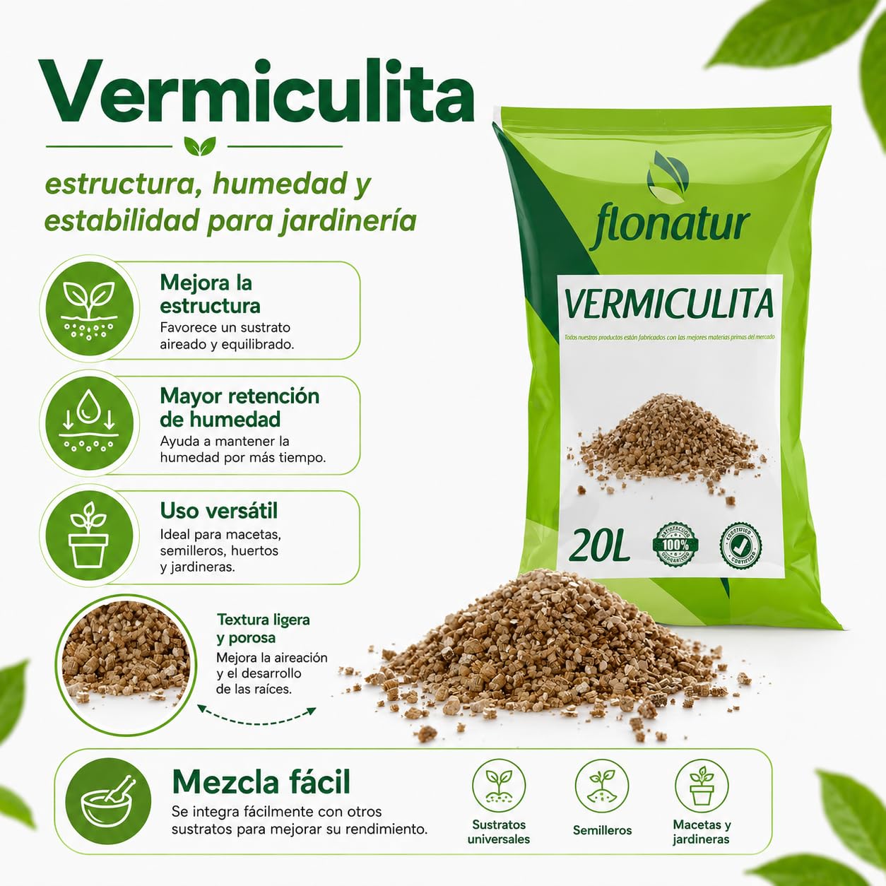 Vermiculita Premium, la elección Ideal para Mejorar tu sustrato. Saco de 20L de vermiculita Potencia la retención de Agua, promueve la aireación de Las raices.