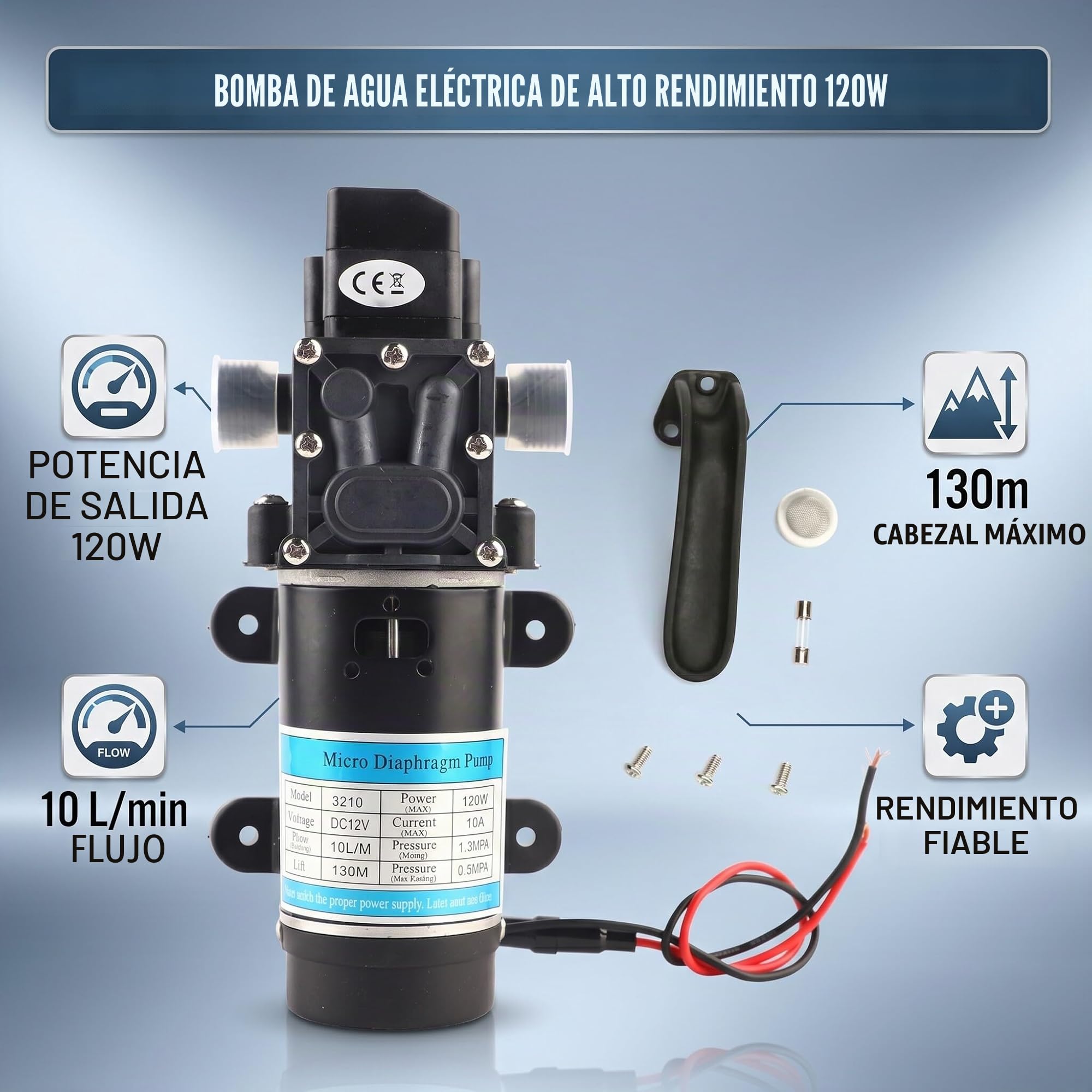 Bomba de Agua Eléctrica 12V 120W Autocebante de Membrana 10L/M Alta Presión Silenciosa para Lavadoras de Ropa Hogar Industrial