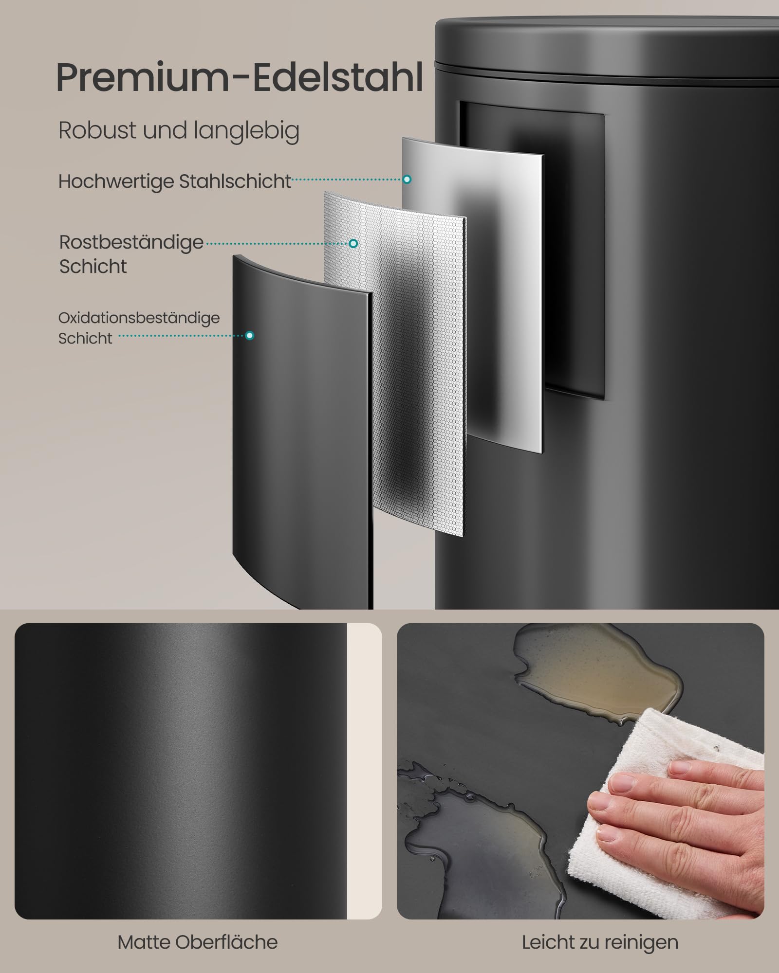 SONGMICS Mülleimer Küche, rund, Abfalleimer, 15 Müllbeutel, Tretmülleimer mit Metall-Pedal, herausnehmbarer Inneneimer aus Kunststoff, Griff, Softclose-Deckel, Stahl, 30 L, tintenschwarz LTB031BZ02