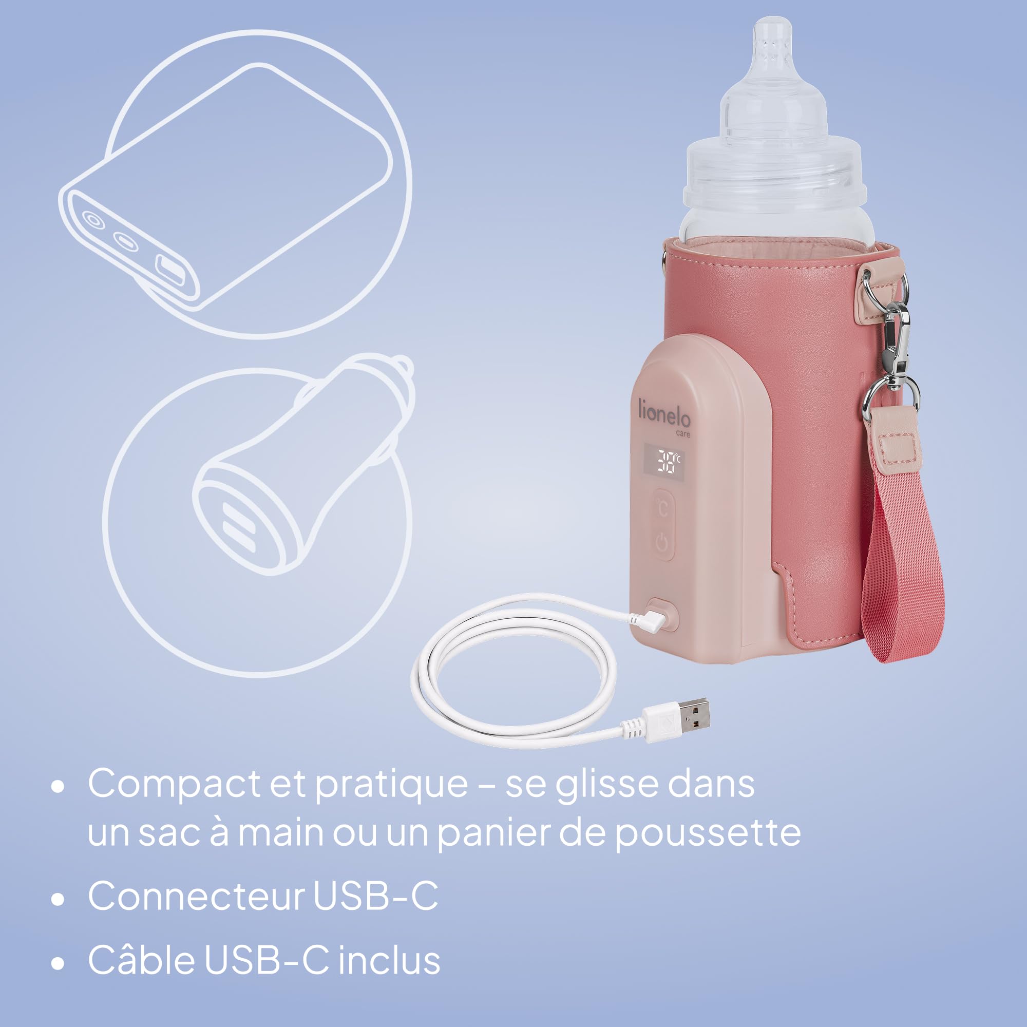 Lionelo Thermup Go Evo Chauffe-Biberon, 5 Températures 38-50°C, Écran LCD | Sans fil, jusqu'à 9 h d'autonomie, recharge USB-C, capteur de sécurité, compatible avec les biberons de 50 à 80 mm, Corail