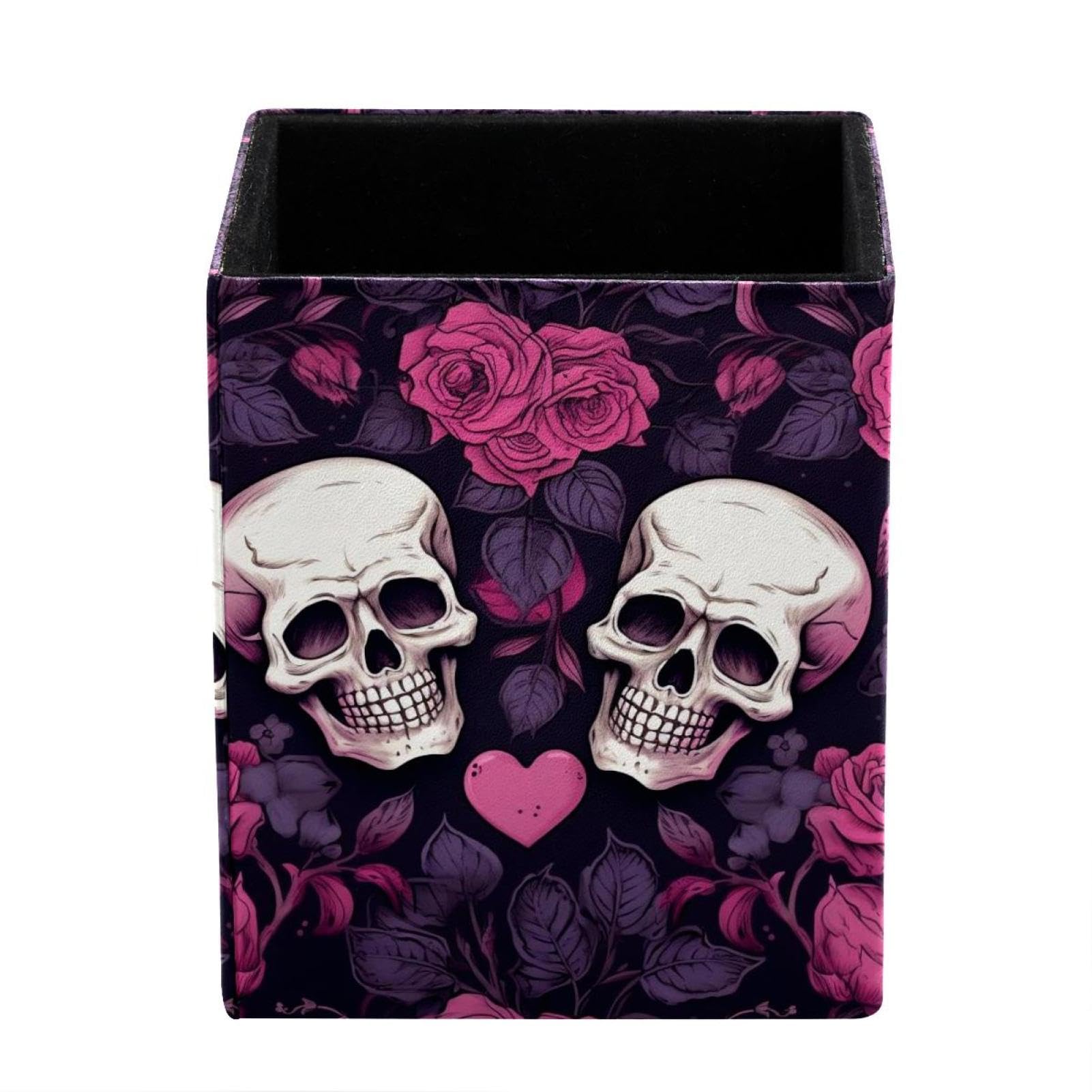 Compact Pen Holder Desktop Organizer - Pretty Makeup and Art Studio Accessories, Flowers and Skull