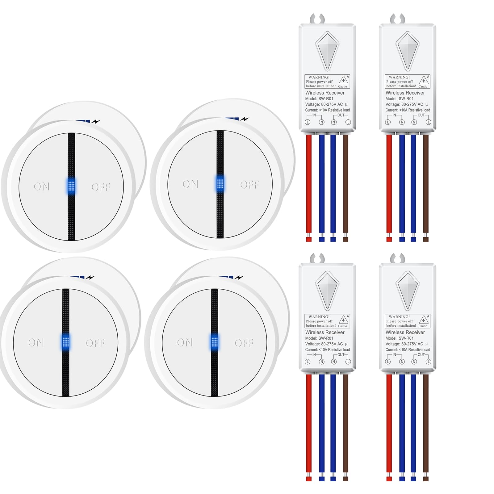 Funk Lichtschalter,NineLeaf 4PK Fernbedienung Wandschalter mit LED-Anzeige,ohne Verkabelung wandmontierbar,IP66 wasserdicht für innen und außen,Haushalt und Büro,weiß