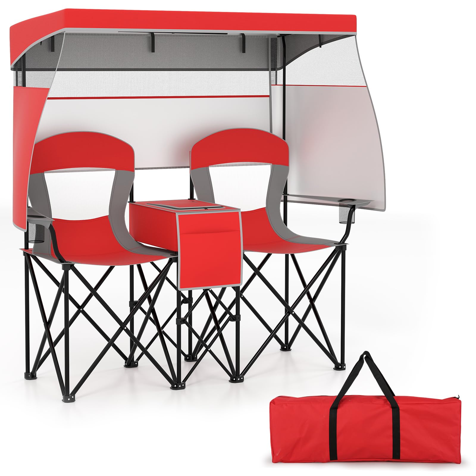 COSTWAY Double Folding Camping Chair with Canopy, Outdoor Portable Loveseat with Armrests, Cup Holder and Carrying Bag, Garden Patio Fishing Seaside Beach Picnic Chairs (with Roll-up Shade, Red)