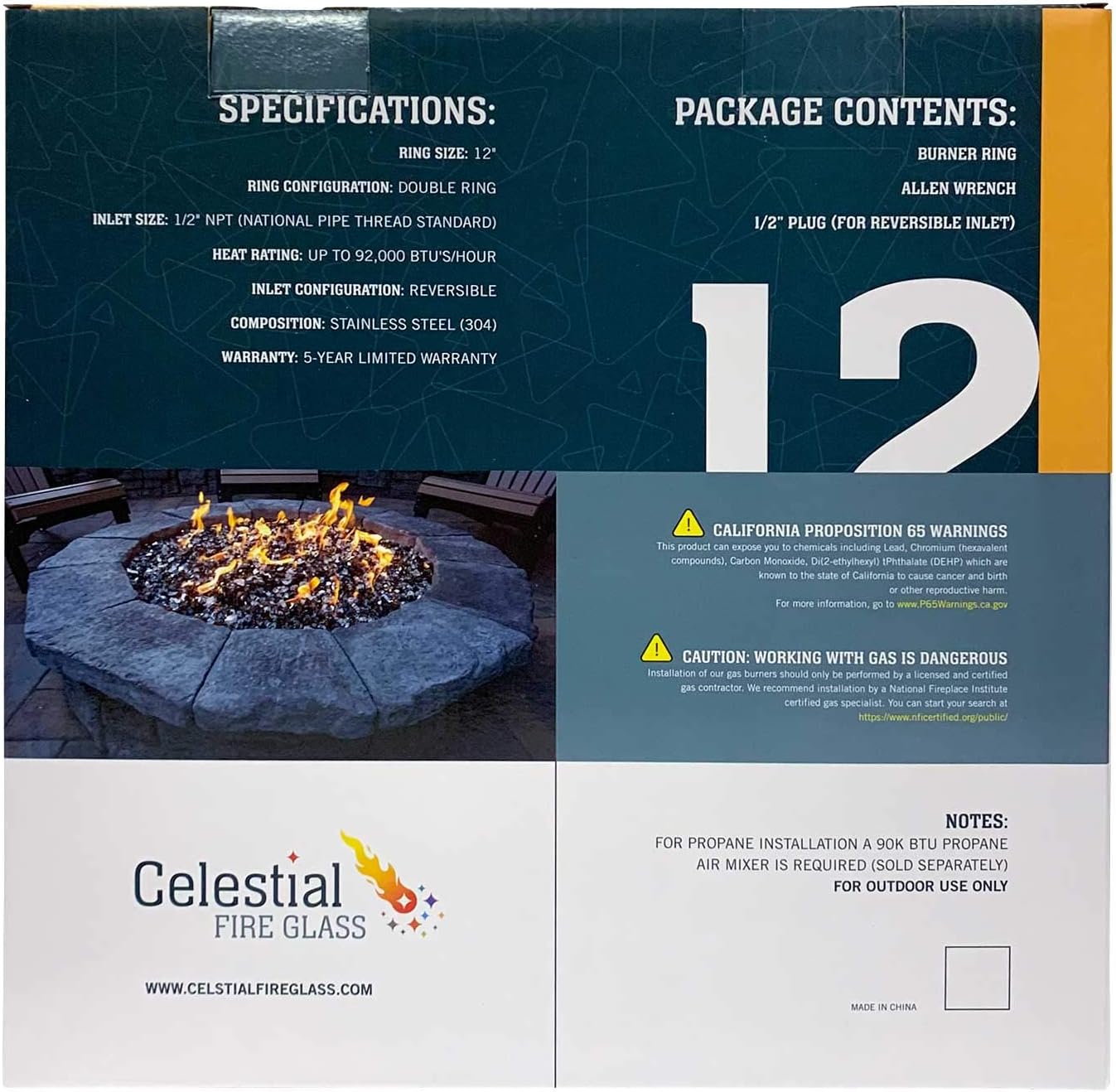 Celestial 12" Round Fire Pit Burner Ring, Stainless Steel, Double Ring