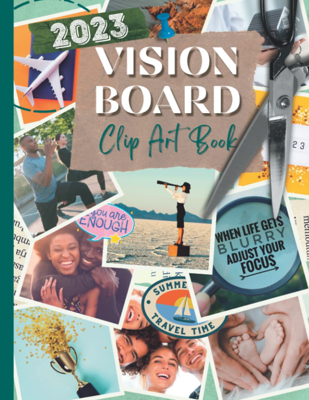 Vision board book rempli d'images inspirantes et mots positifs pour tableau de vie