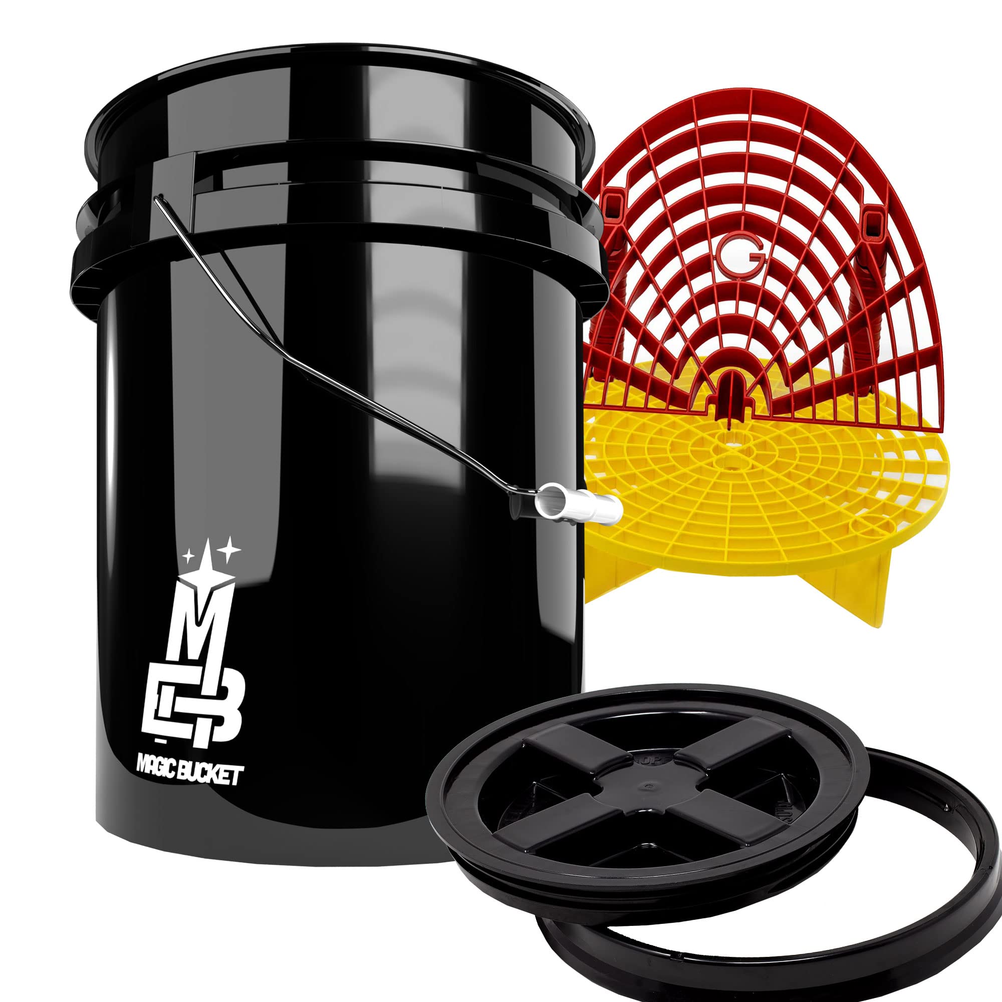 Detailmate professionelles Wasch Eimer Set: Magic Bucket Wascheimer 5 GAL (ca. 20 Liter), Gamma Seal Eimerdeckel schwarz, GritGuard Schmutz Einsatz gelb, GritGuard Washboard rot