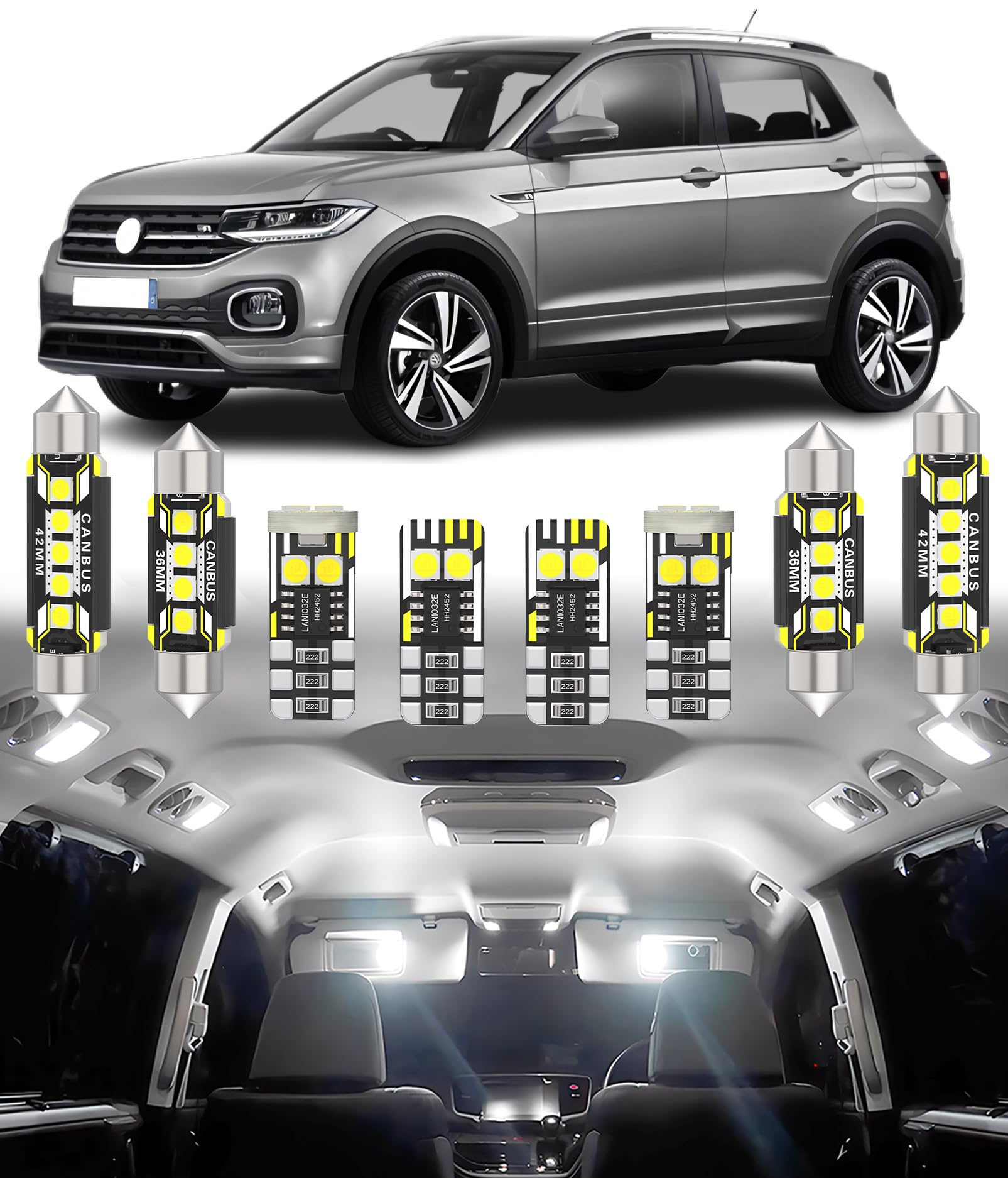 BMT xms 8pz Kit di Luci LED per Interni per Volkswagen VW Taigo T-Cross T-ROC, Lampadine LED per Interni Auto e Camion 6000K Bianco Luminoso