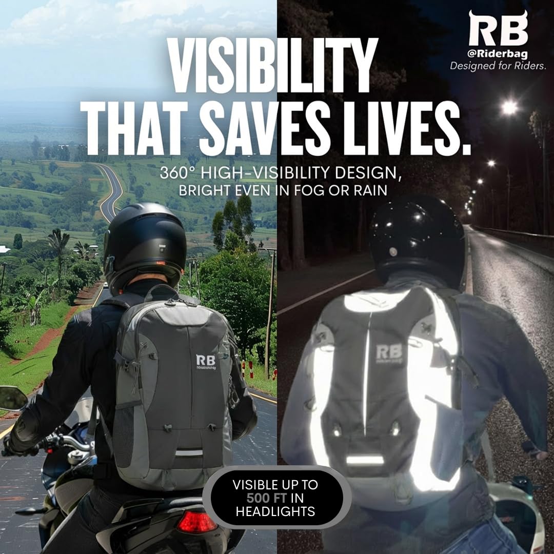 riderbag Reflektierender Motorradrucksack, leichter Laptoprucksack für Motorradfahrer. Reiserucksack. Fahrrad Sicherheit im Dunkeln. Mit optionalem Rückenprotektor