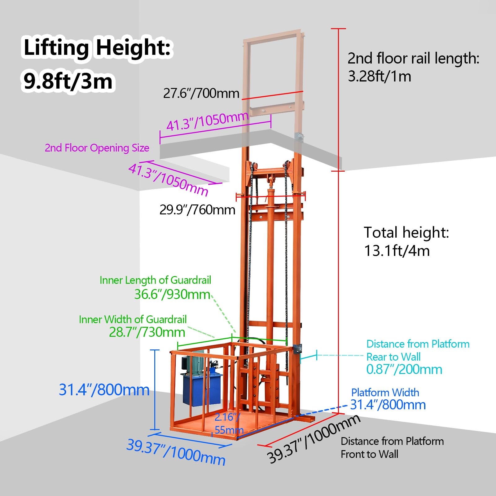 Plataforma elevadora eléctrica de Carga de 1 tonelada/2200 LB, Elevador hidráulico de Pared, Ideal for Uso doméstico y de Carga. Ideal for fábricas, logística y Uso doméstico.(9.8FT Lifting Height)