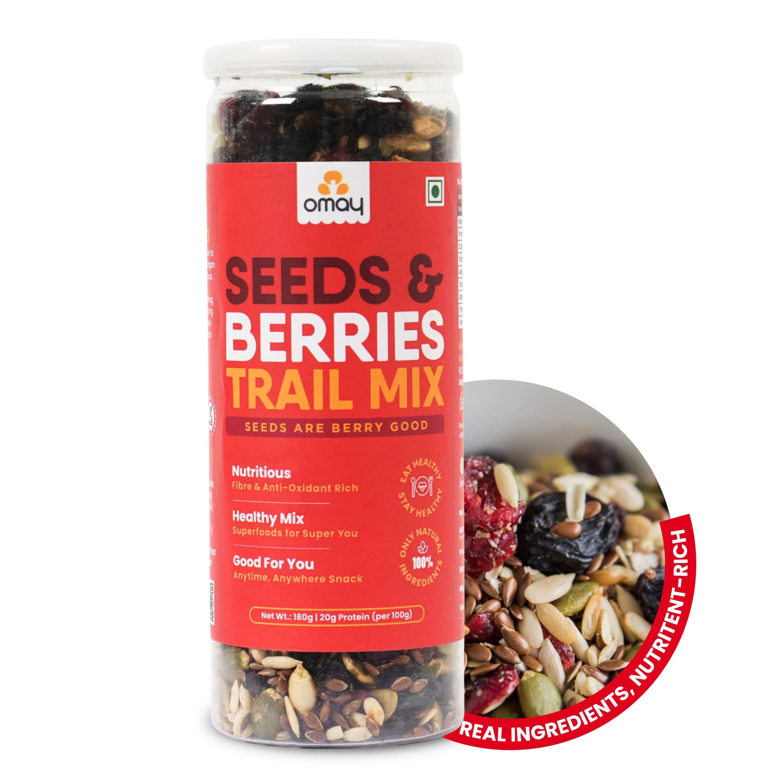 Omay Foods Berries Mix, 180G Jar | Roasted, Healthy, Guilt-Free Snacks I Trail Mix | Blueberry, Red Cranberry, Black Currant, Roasted Seeds & Berries Mix I Diet Snack I Office-Time Snack