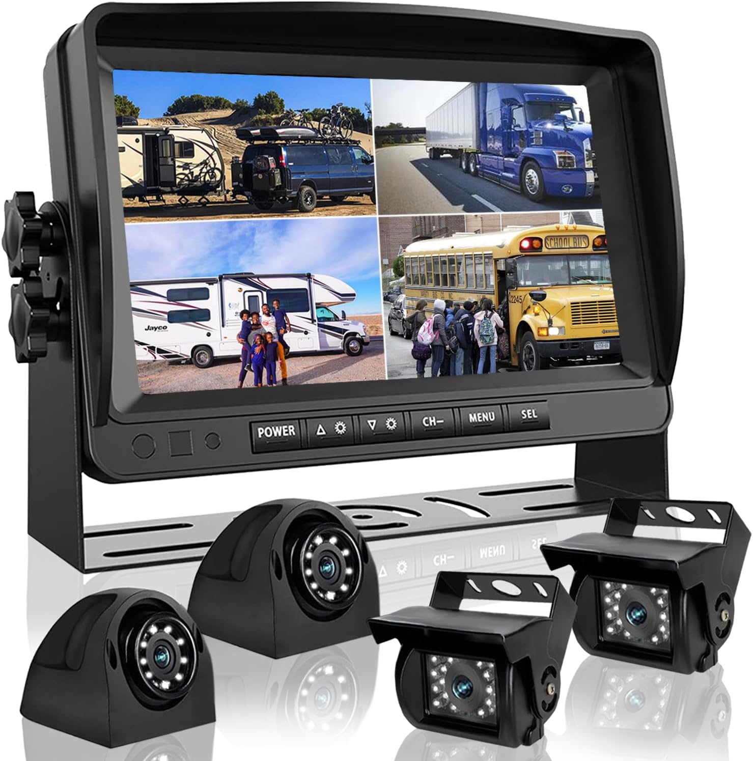 Backup Camera System with 9'' Quad Split 1080P Monitor for RV Trailer Semi Truck Camper Bus & 4 AHD Rear Side View Camera with DVR Record Function Night Vision IP69 Waterproof Avoid Blind Spot DOUXURY