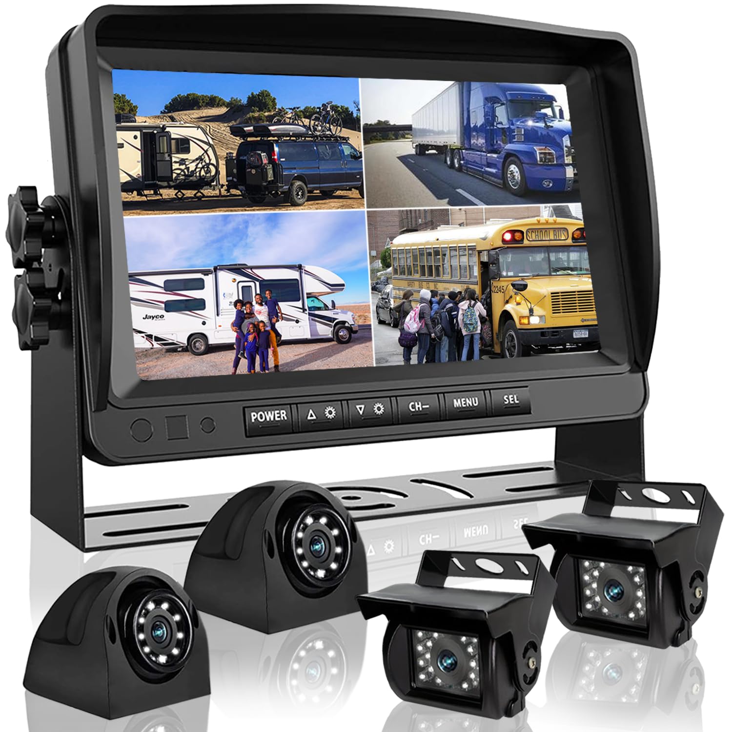 Backup Camera System with 9'' Quad Split 1080P Monitor for RV Trailer Semi Truck Camper Bus & 4 AHD Rear Side View Camera with DVR Record Function Night Vision IP69 Waterproof Avoid Blind Spot DOUXURY