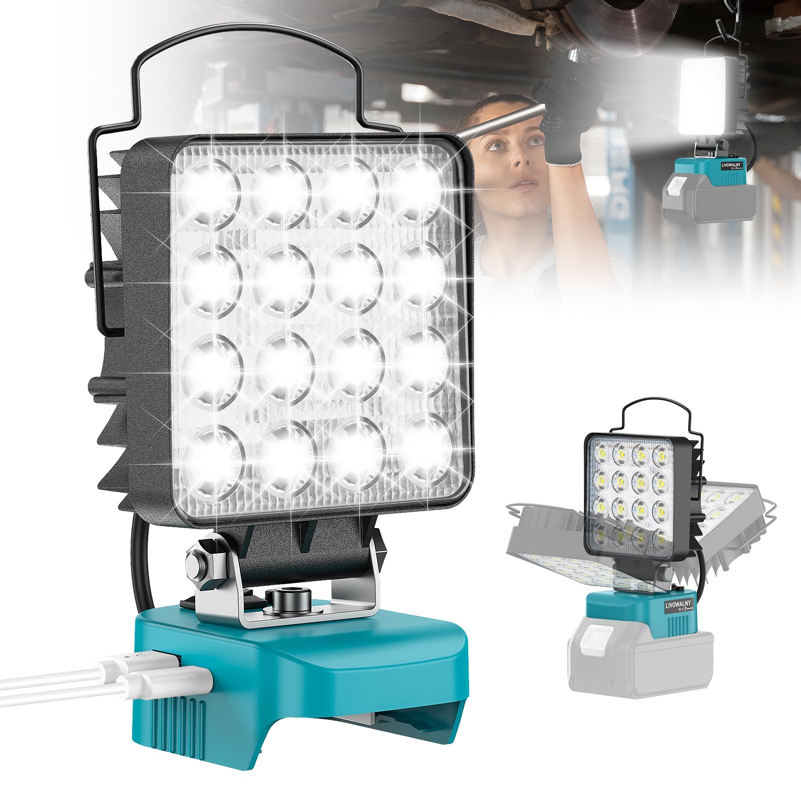 LIVOWALNY Lampe LED Rechargeable Compatible avec Makita 18V Batterie, 48 W Projecteur LED Chantier à Double Interrupteur avec Type C/USB Lampe de Travail Pour Camping, Chantier(Outils Uniquement)