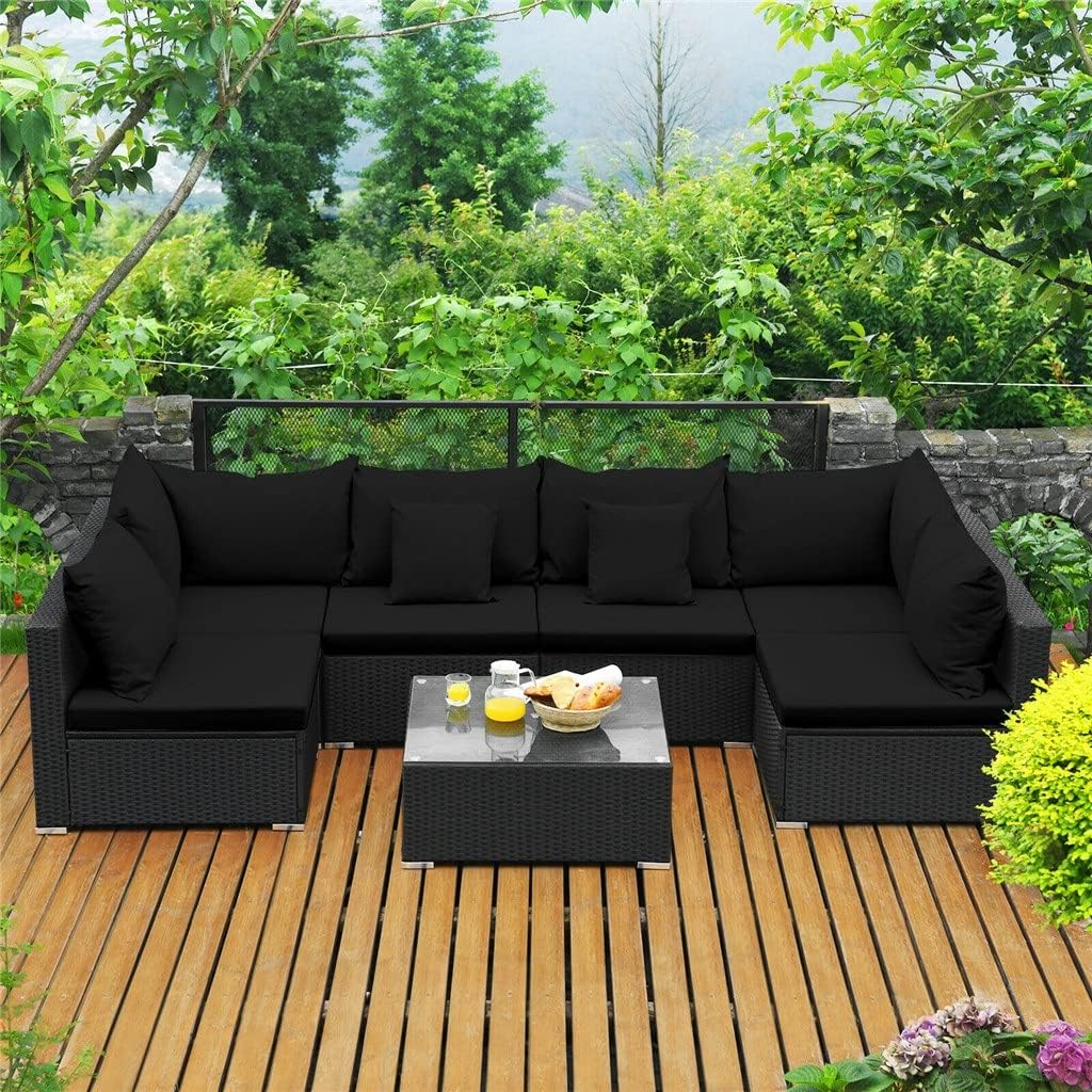 7PCS Patio Rattan Sofa Set Sectional Conversation Furniture Garden Black Comfortable