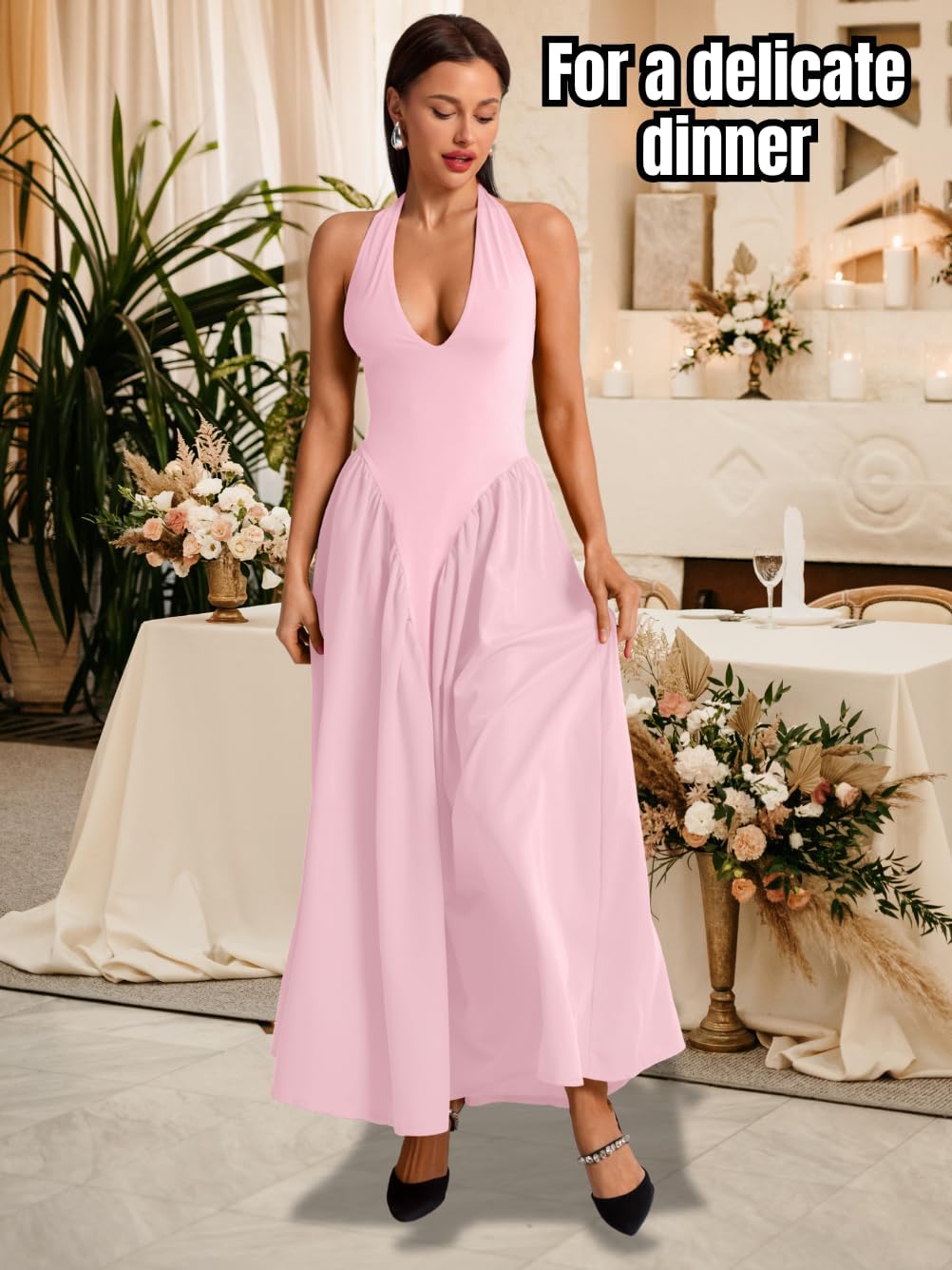 Deep V Neck Dress, Halter Maxi Dresses, Vacation Date Night, Sexy for Women Corset Flowy Wedding Guest Drop Waist - Image 2