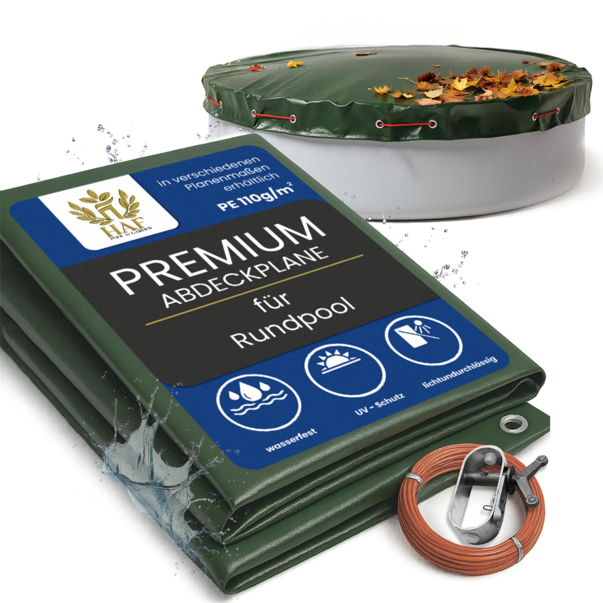 HAF Poolabdeckung Rund für Ø 350-366 cm - Winterfeste Abdeckplane zur Poolabdeckung im Sommer und Winter - Poolplane (Winterabdeckung) aus wasserdichtem PE mit 110 g/m²
