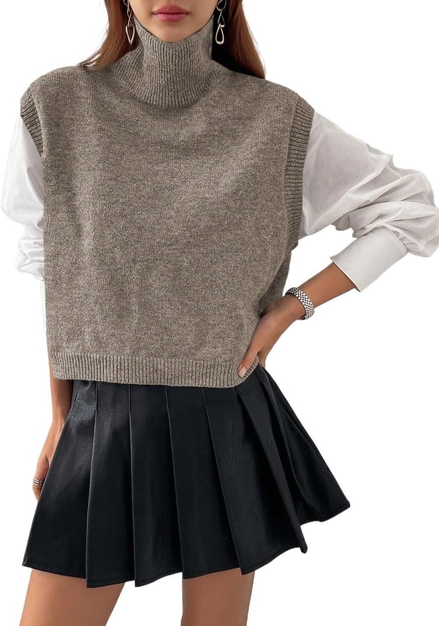 Women Fall Trendy High Neck Crop Sweater Vest Without Blouse Winter Sweater Vest Top