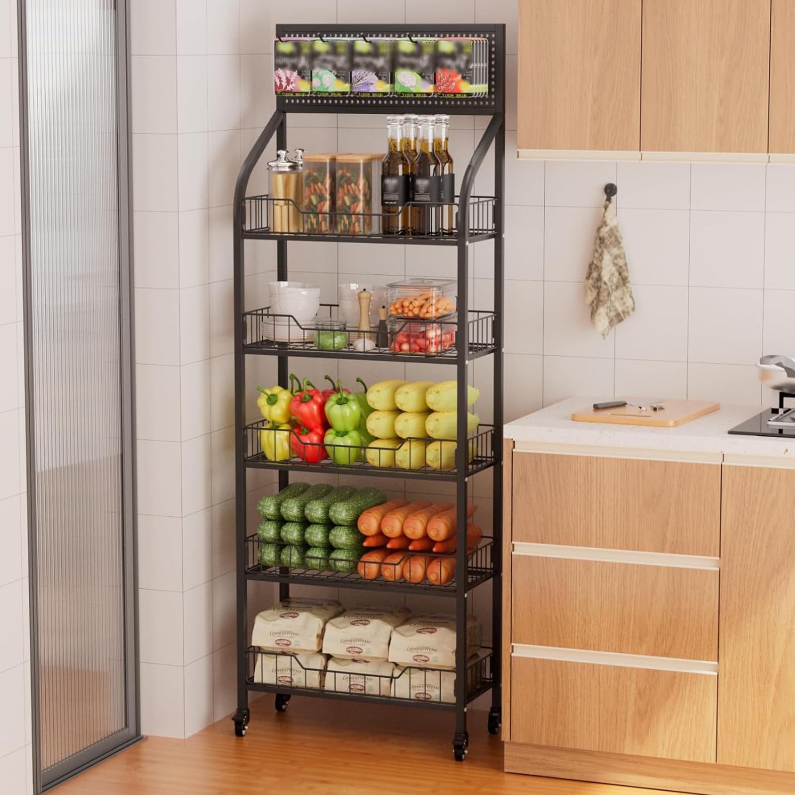 Espositore per vendita al dettaglio a 5 livelli, in metallo resistente, con ruote e 15 ganci, scaffale per riporre oggetti, con serratura per dispensa di generi alimentari domestici
