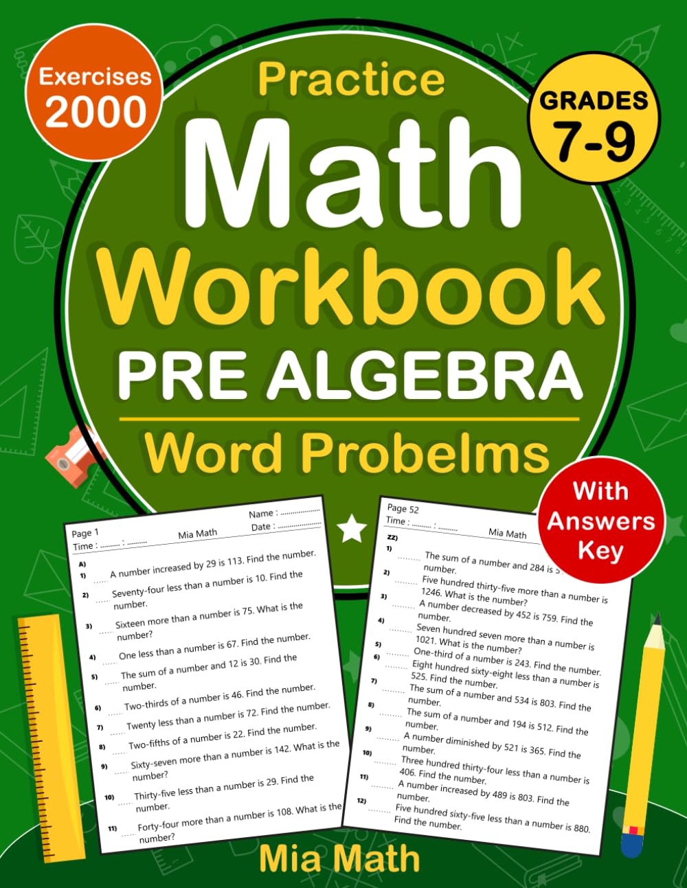 Pre Algebra Word Problems Workbook For Grades 7-9: Pre Algebra Word Problems Practice Workbook For 7th & 8th and 9th Grade With 2000 Exercises With ... Word Problems Worksheets For Grades 7-9