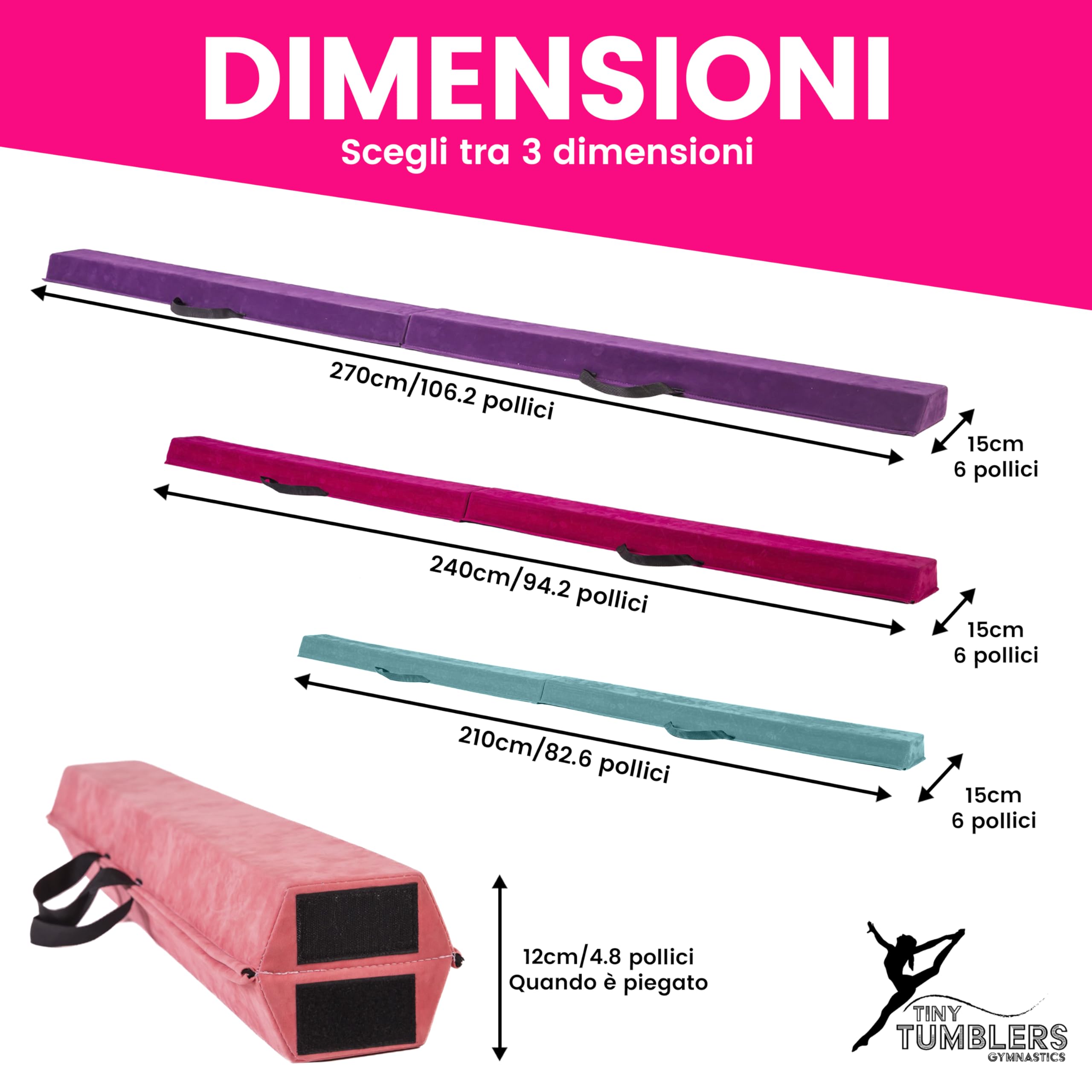 Trave ginnastica artistica per casa - 210/240/270/300 - Incredibile attrezzatura per l'equilibrio per i bambini a casa - Finta pelle scamosciata, schiuma EVA ad alta densità - cinghie per il trasporto