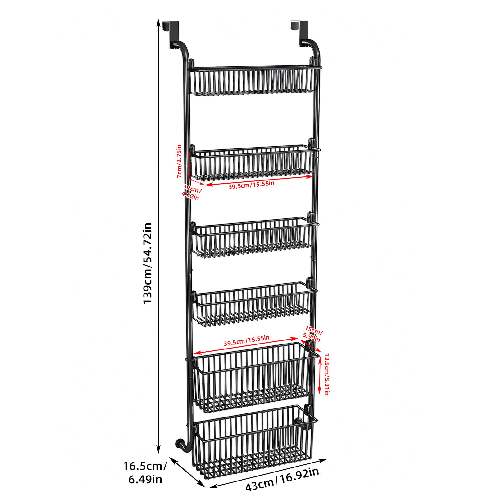 Organizzatore da appendere alla porta, organizer per spezie a 6 ripiani in metallo resistente per cucina - Organizer da appendere alla porta per cucina, bagno (Nero - 4 cestini piccoli + 2 grandi)