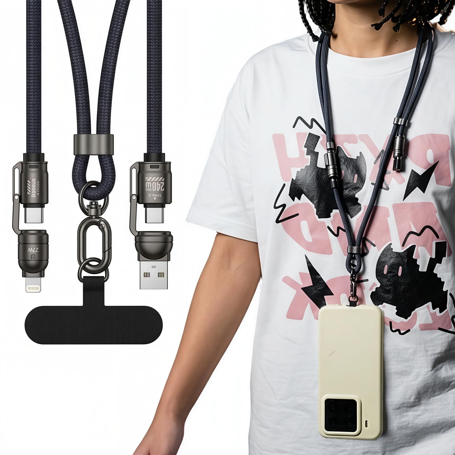 ZORBES® Phone Lanyard Charging Cable 4 in 1 240W Wearable Crossbody Strap with USB A USB C to USB C for Travel and Daily Use-image-4