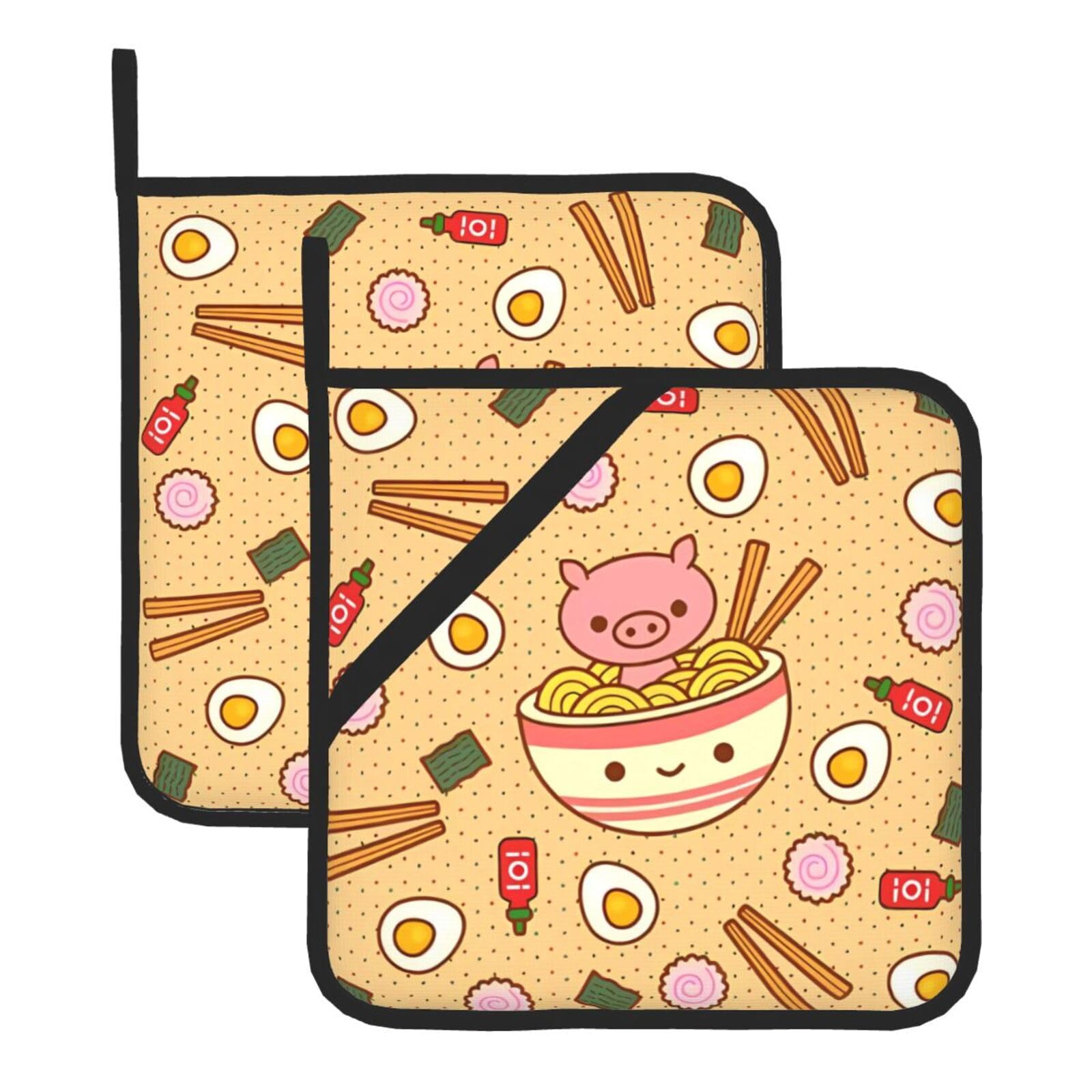 WHJSHOP Delicious Sweet Ramen Prints Square Hot Pads for Kitchen Counter - Thick Heat Resistant Trivets for Microwave & Oven, BBQ Grilling Cover (2 Pack)