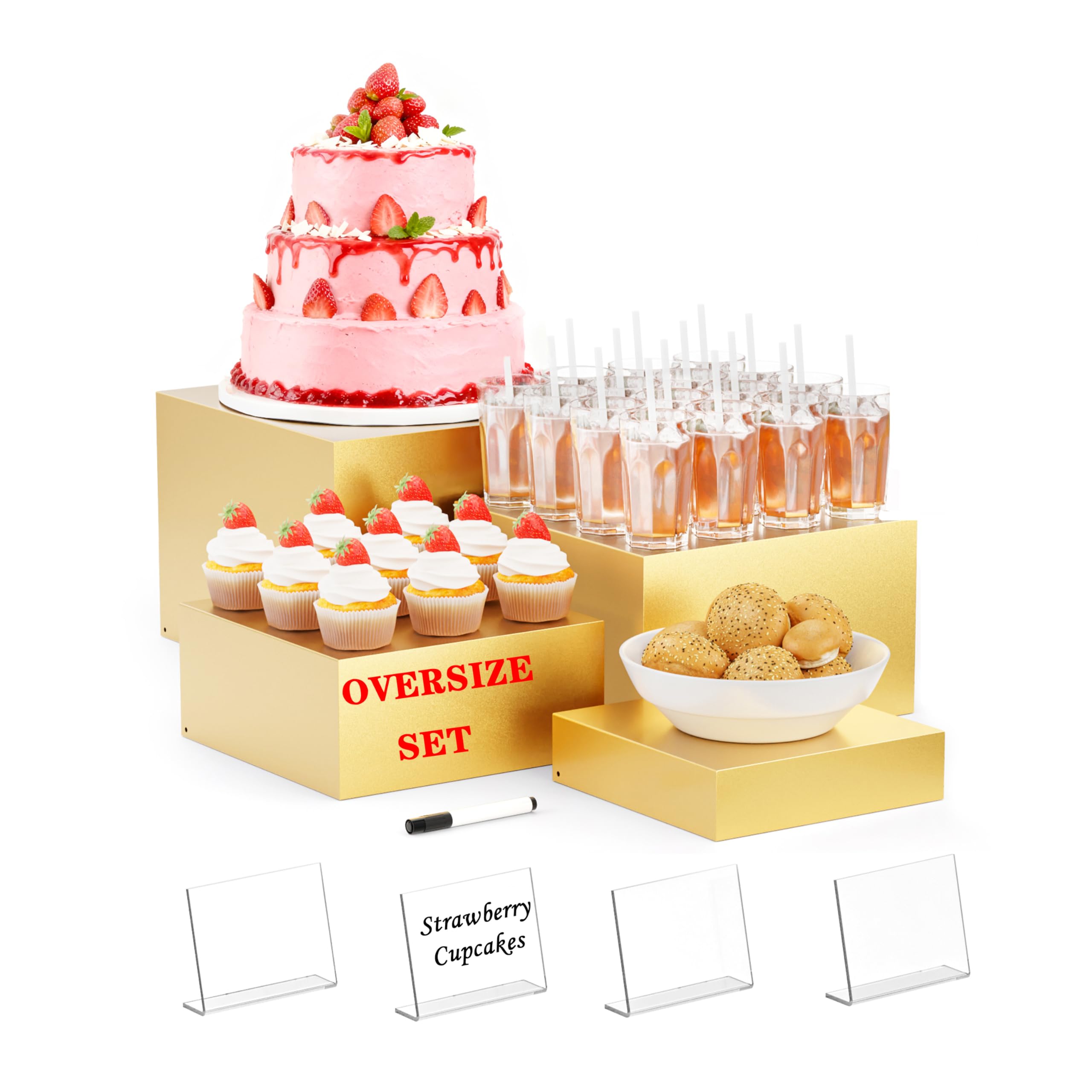 Photo 1 of Metal Buffet Risers,4PCS OVERSIZED Food Risers for Buffet Table 8''X9''10''X11'' Display Stand with Mini Acrylic Signs for Catering Dessert Collectibles Jewelry Figures Show Gold Cube Boxes Nesting Risers with Hollow Bottoms
