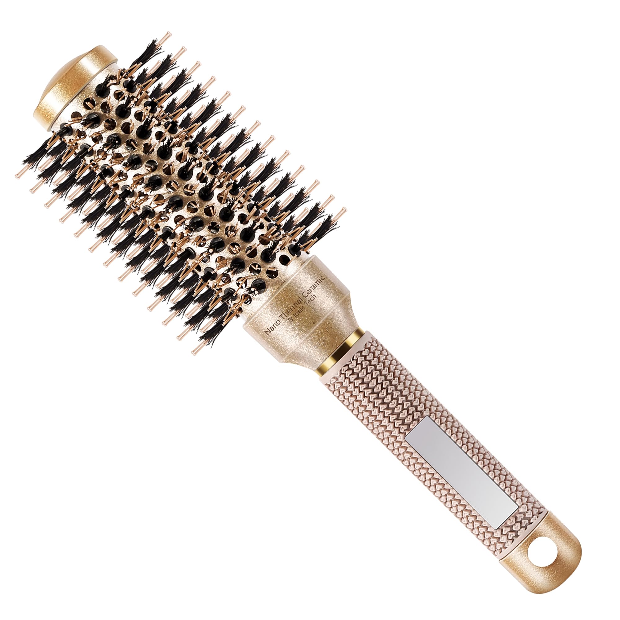 Cepillo de pelo redondo para soplar, cerámica nano térmica y tecnología iónica, barril de 1.3 pulgadas, cerdas de jabalí, cepillo de rodillo para secado y peinado, incluye 4 clips gratis, dorado