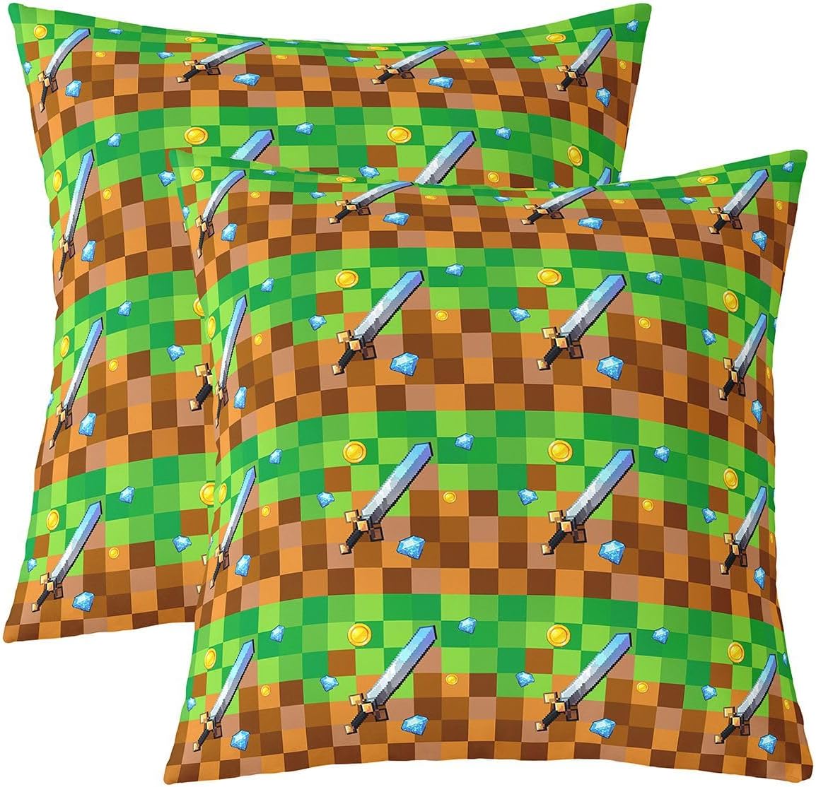 Manfei Pixel Swords Throw Pillow Covers 18"x18" Set of 4,Gamepad Video Games Cushion Covers for Couch Sofa,Cute Abstract Theme Decorative Pillowcases,Brown Green Pillow Cases image 2