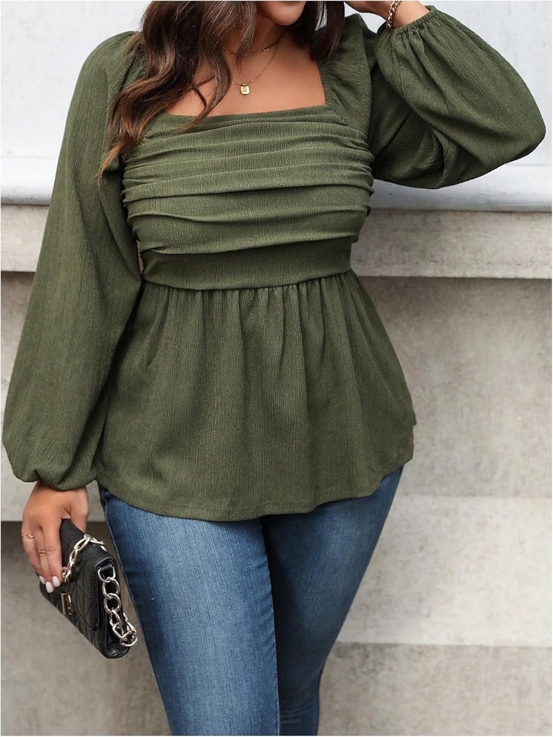 Floerns Women's Plus Size Square Neck Lantern Long Sleeve Ruffle Hem Peplum Blouse Top - Image 3