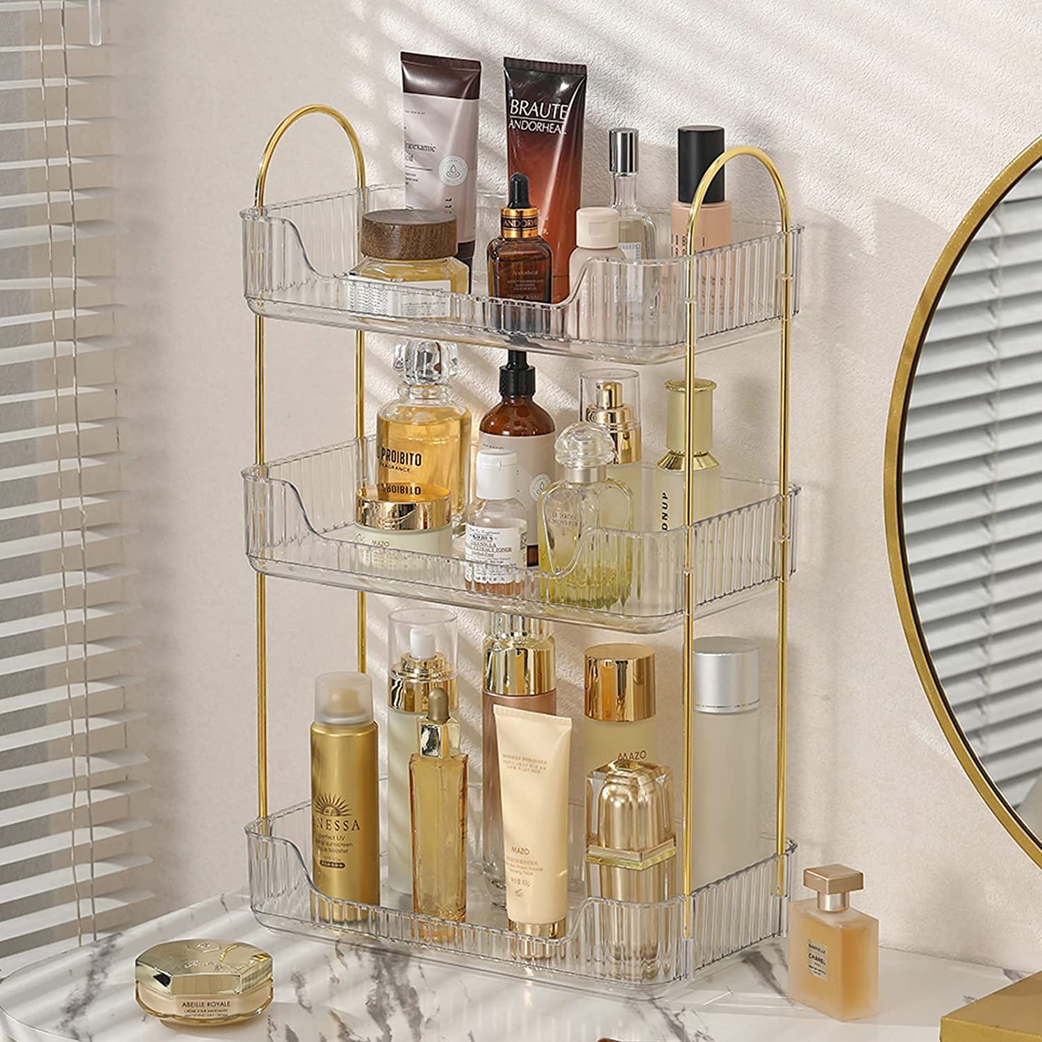 shuang qing Bathroom Counter Organizer Countertop Storage, Cosmetics Skincare Shelf Organizer, Makeup Organizer Perfume for Dresser Vanity Tray, Spice Rack Organizer for Kitchen(3 Tier-Clear)