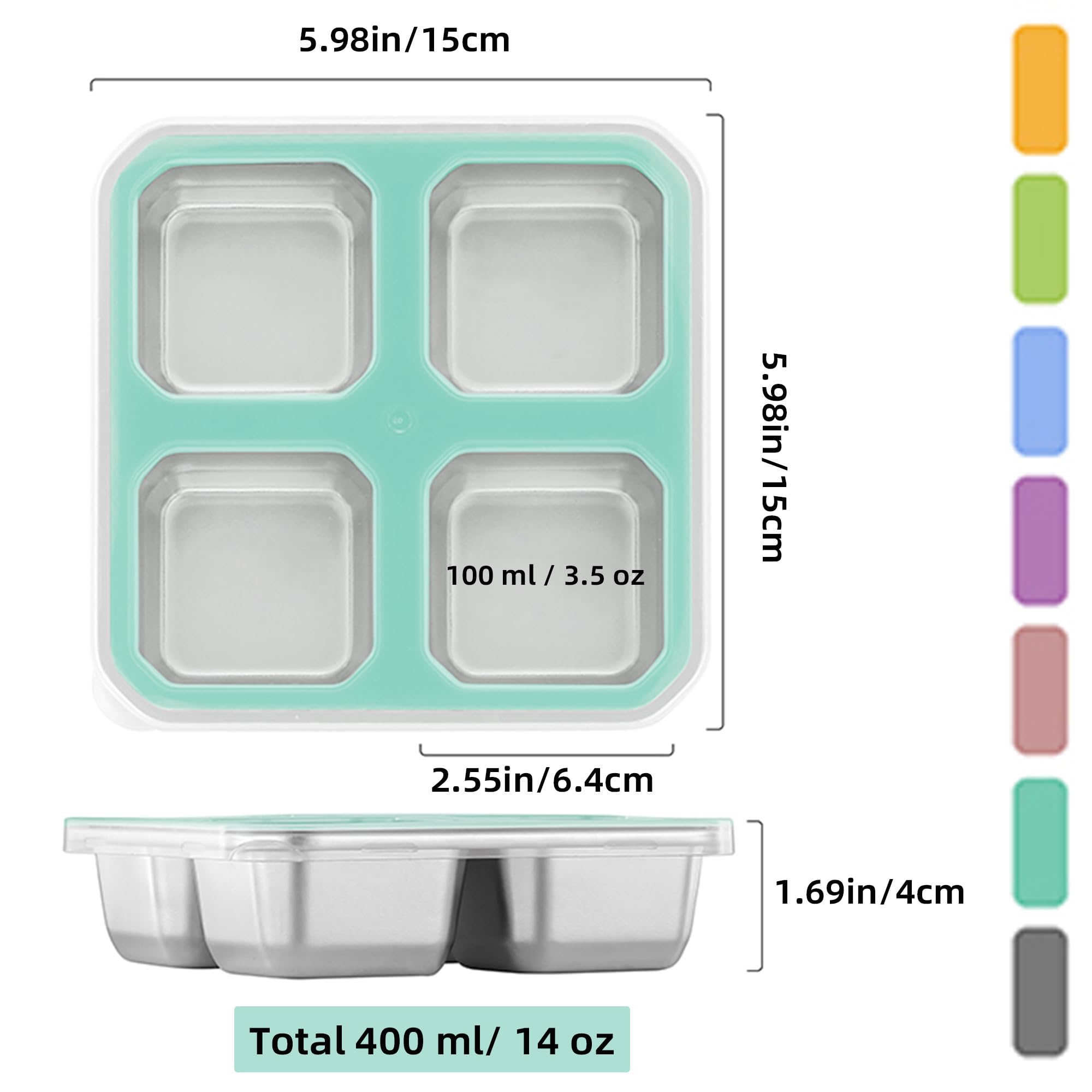 Misichao Snackbox mit 4 Fächern Edelstahl, 400ml Snackdose für Kinder & Erwachsene, Wiederverwendbare Lunchbox Bento Box mit Fächern für Schule, Arbeit & Camping