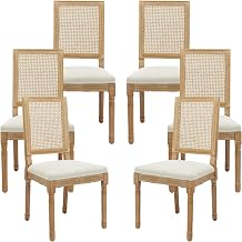 Vintage French Rattan Dining Chairs Set of 6, Square Back Side Chairs with Rattan Backrest, Upholstered Linen Seat and Solid Wood Frame, Sillas de Comedor for Dining Room & Kitchen, Beige