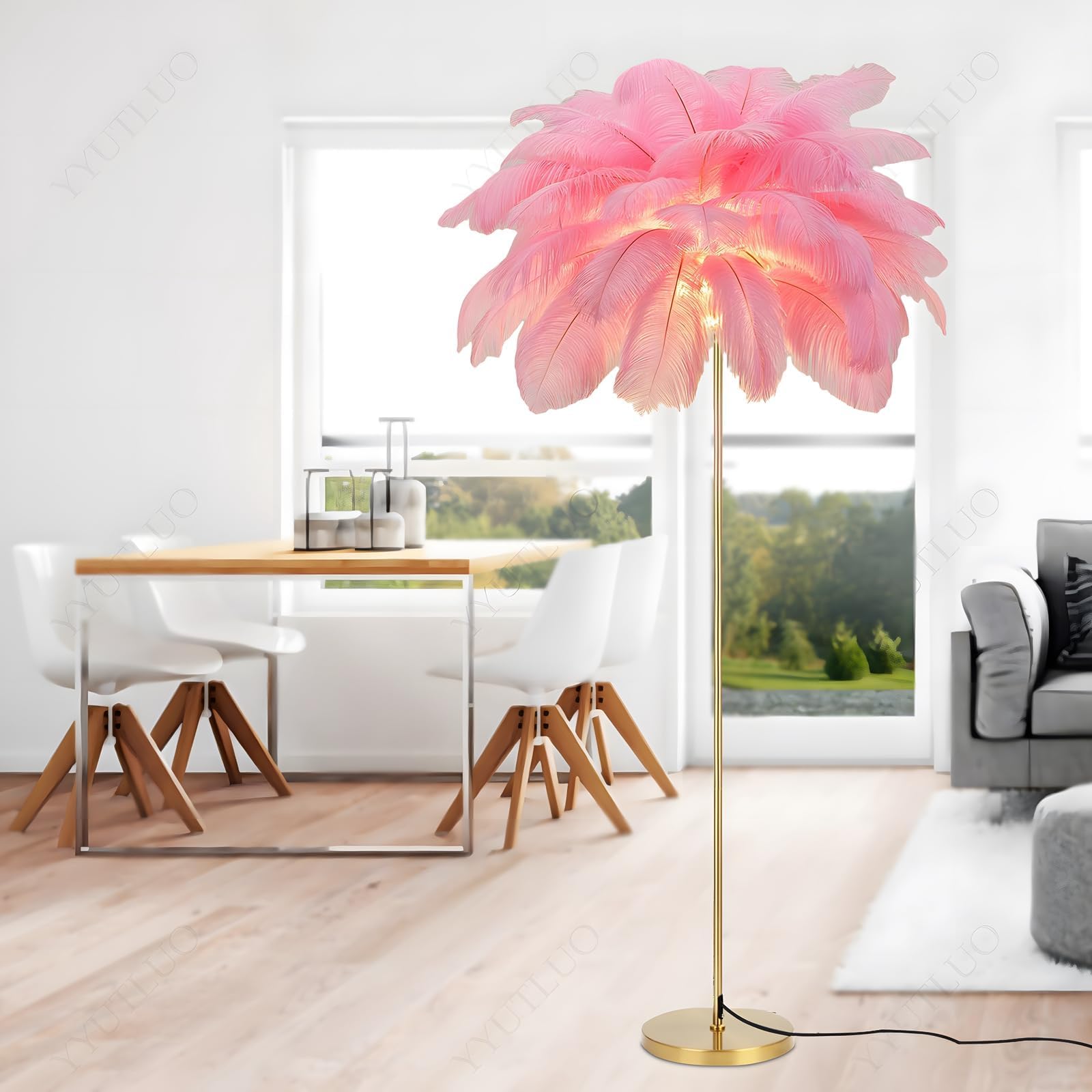 Moderne Federlampe, Stehlampe Aus Natürlichen Straußenfedern, 160cm Hoch, Goldene Stange Und Sockel, Stehlampe, 3 Farbtemperaturen, G4 Led Lampen Wohnzimmer Kinderzimmer Schlafzimmer (Rosa)