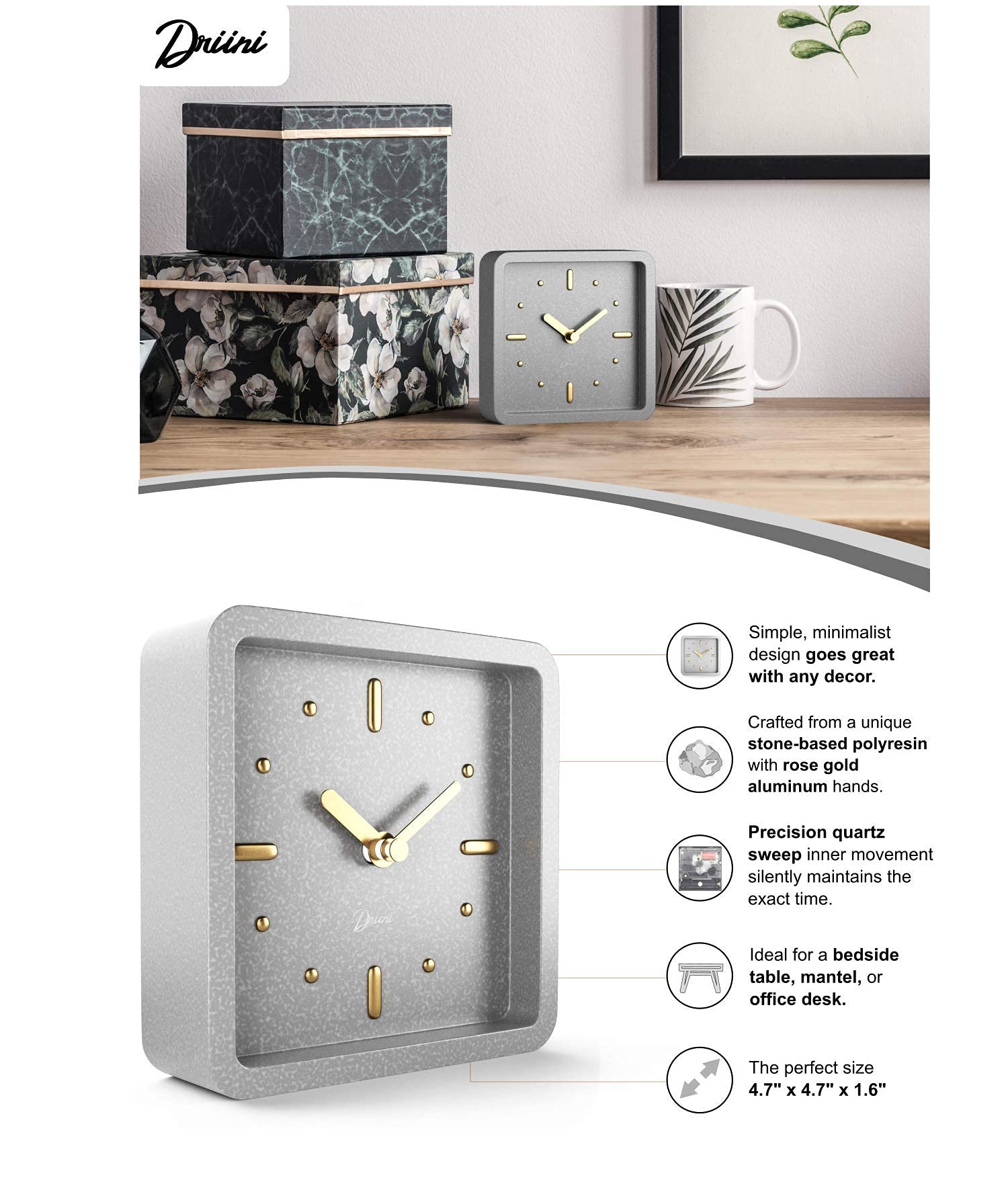 Buy Driini Modern Mid Century Desk and Table Analog Clock (Concrete