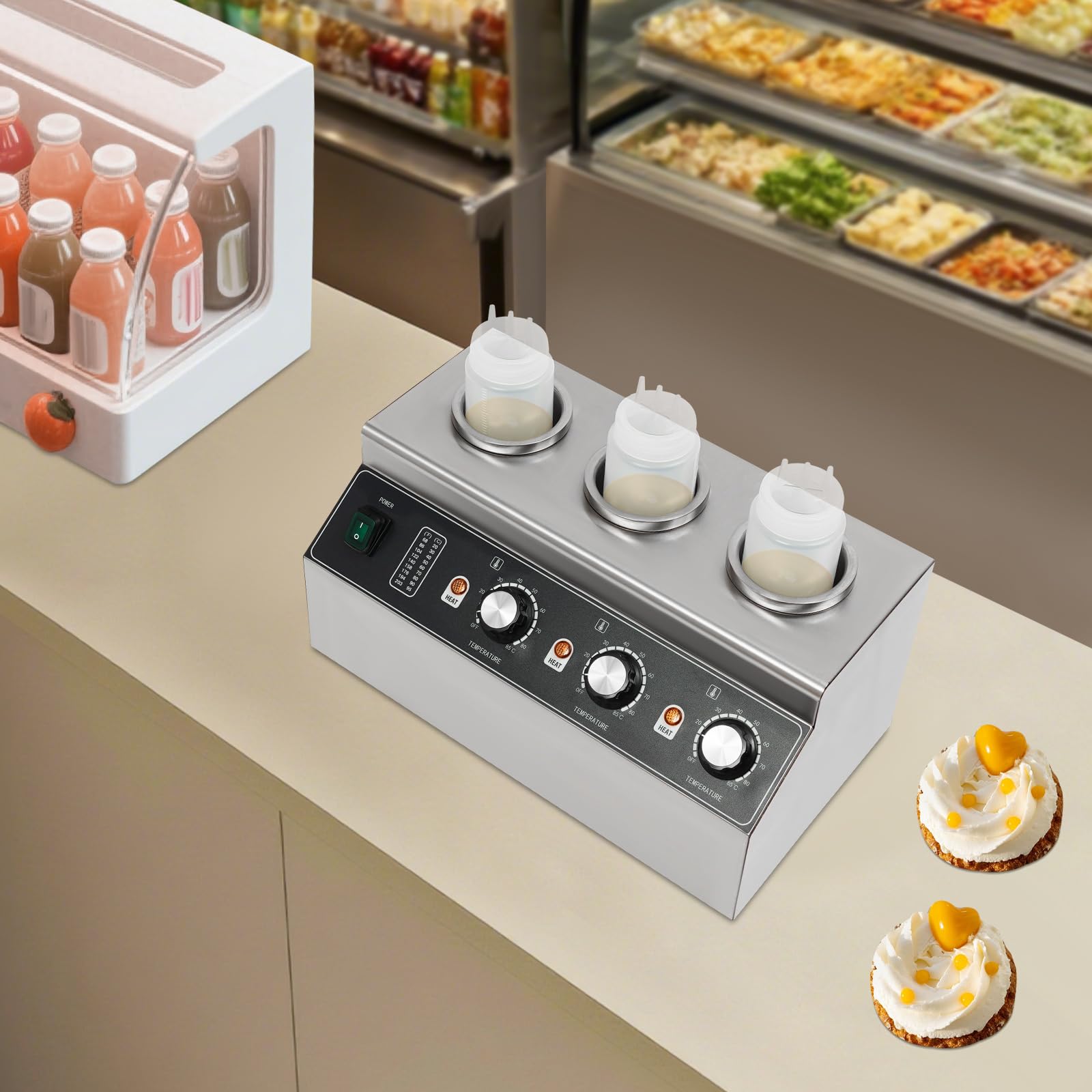 Chauffe-sauce électrique 300 W avec 3 bouteilles de sauce, chauffe-sauce électrique en acier inoxydable 30-85 °C, chauffe-sauce au fromage pour sauces, fromage