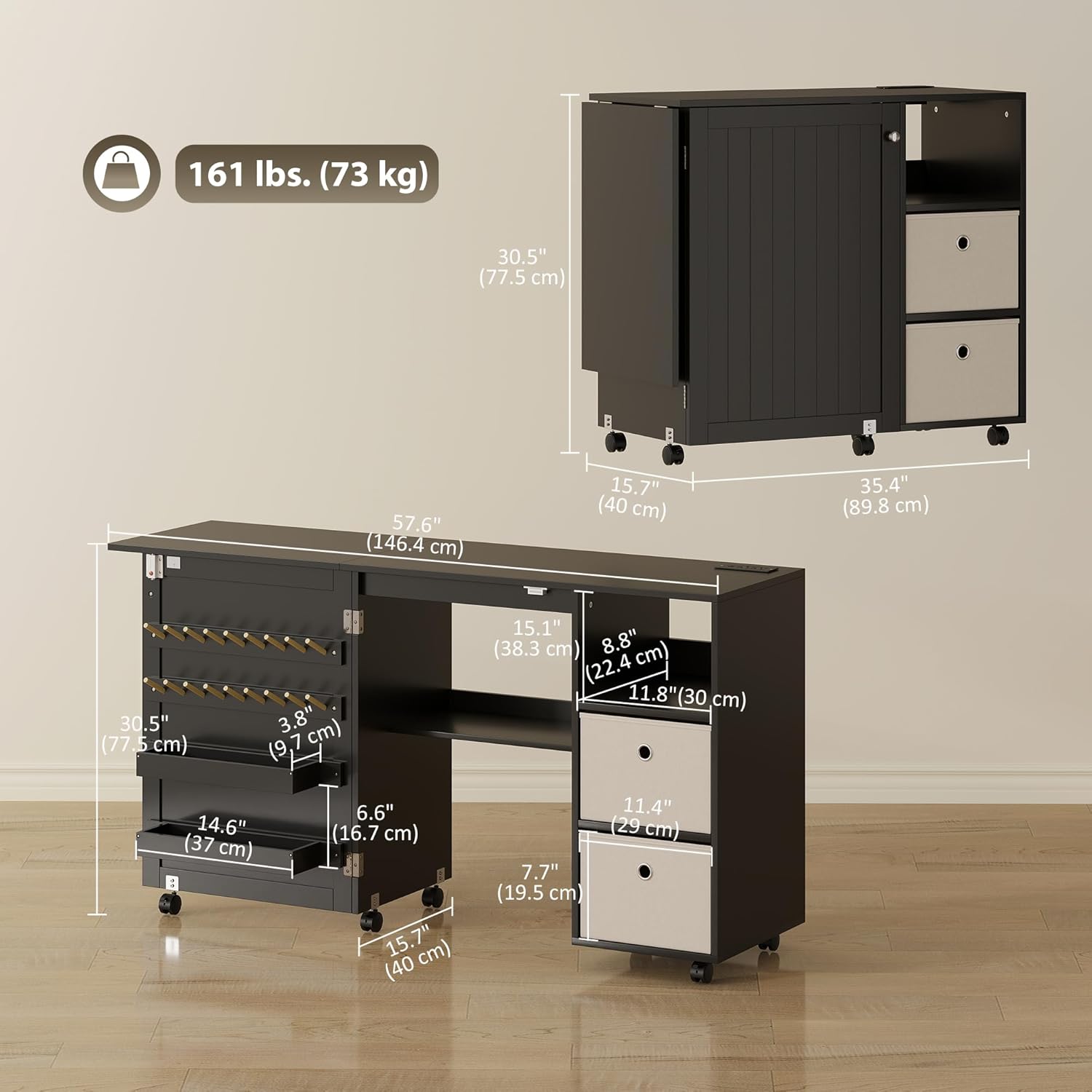 Detailed diagram showing the dimensions of the HOMCOM folding sewing table in both folded and extended states, along with its 161 lbs load capacity.