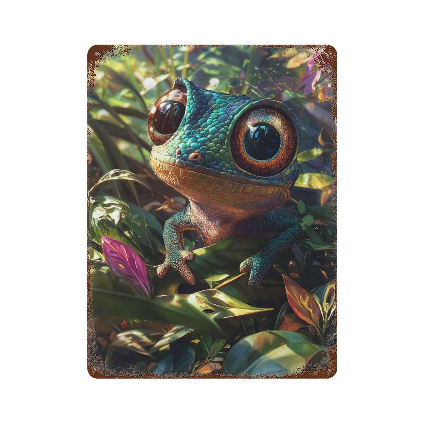 Decorative Tin Sign Cute Chameleon in Jungle 15.7"x11.8", Decorative Metal Wall Art for Garage, Bar And Workshop Decor