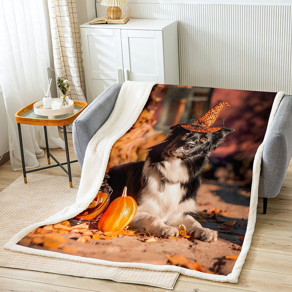 Manta de forro polar para perros de Halloween para niños, manta de calabaza para cama, sofá, manta de sherpa ultra suave para otoño y mascotas, para amantes de los perros, franela King de 87 x 94 pul