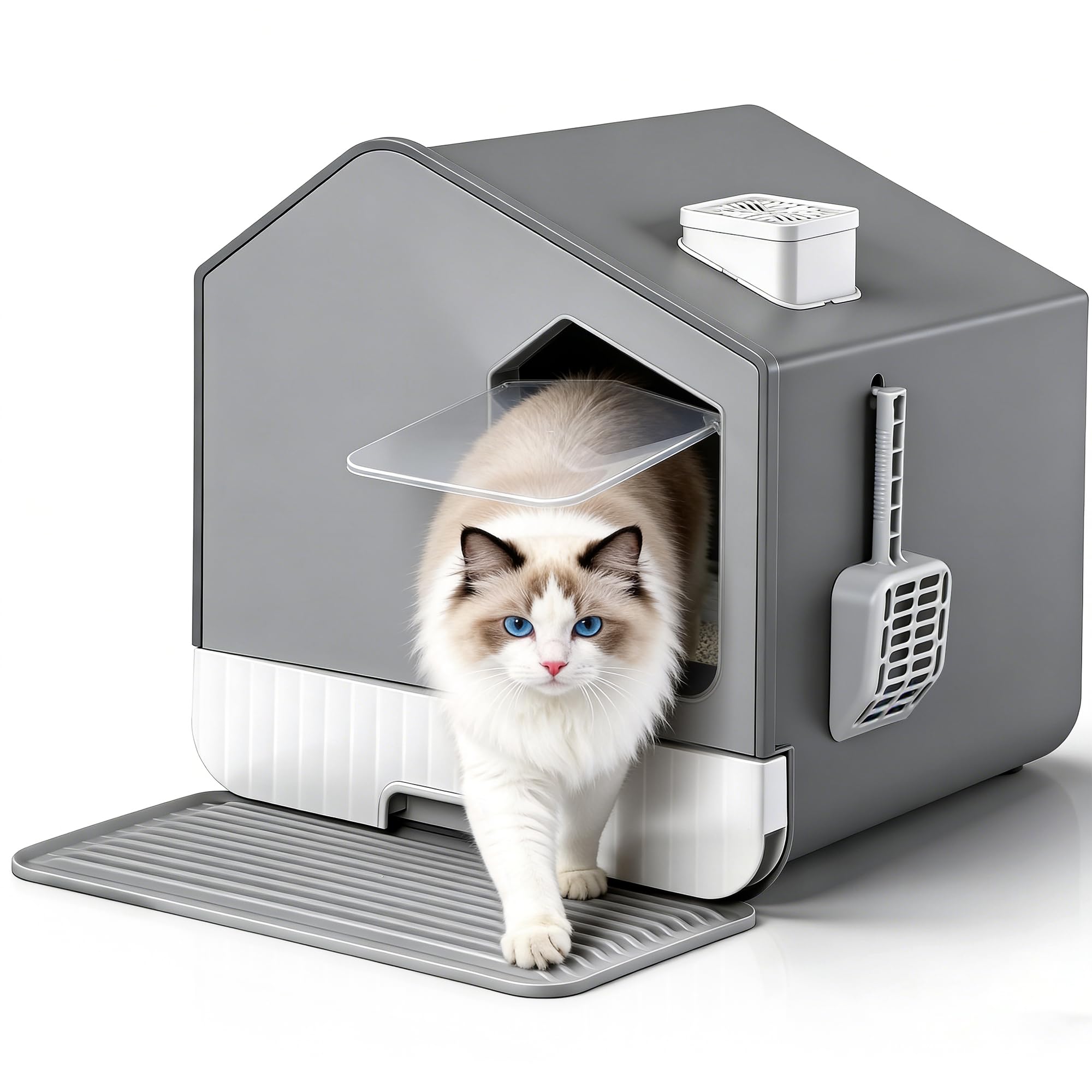Caja de arena cerrada extra grande para gatos con alfombrilla y cuchara de arena, inodoro para gatos sin olor, antisalpicaduras, bandeja de arena cubierta con capucha para gatos